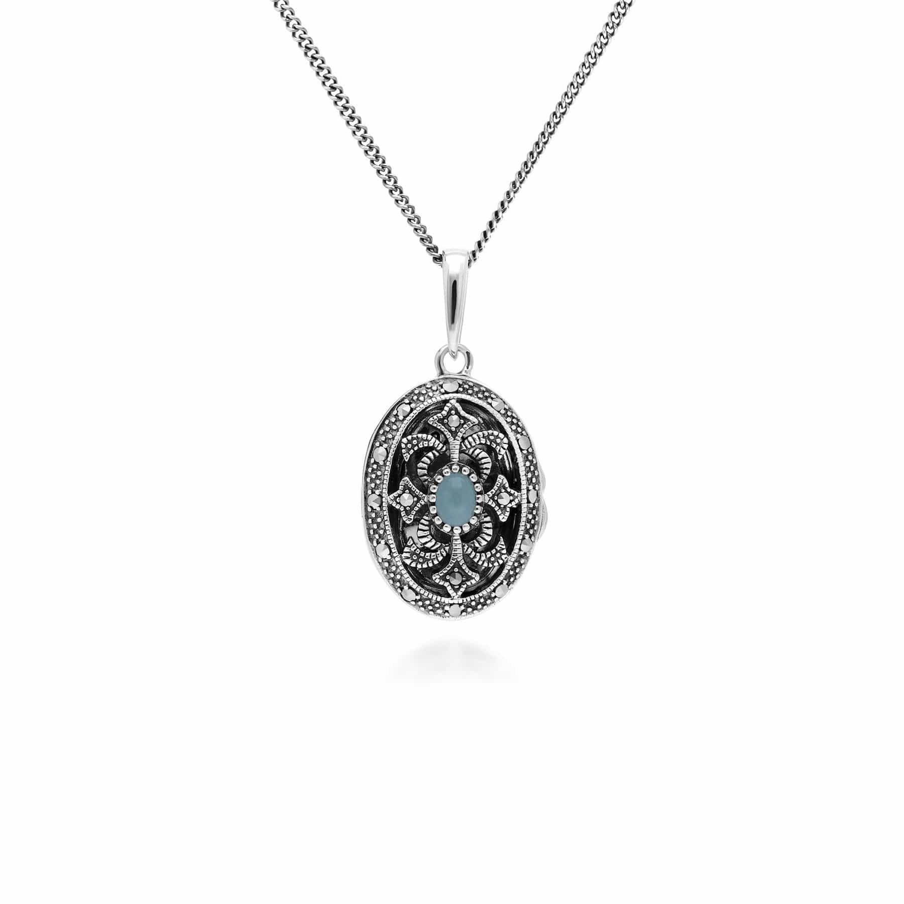 Image of Art Nouveau Style Oval Dyed Green Jade & Marcasite Locket Necklace in 925 Sterling Silver