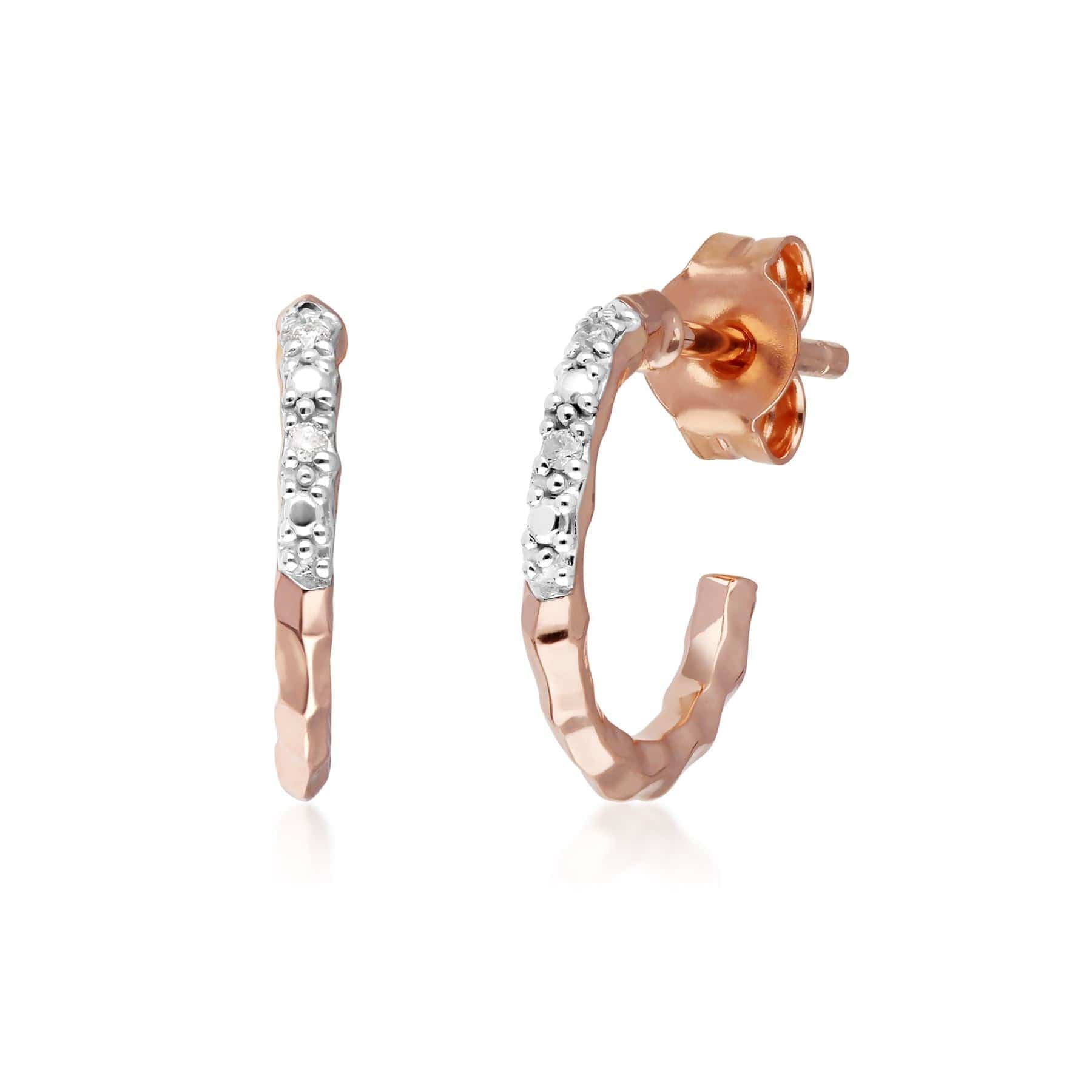 Product photograph of Diamond Pav Hammered Mini Hoop Earrings In 9ct Rose Gold from Gemondo Jewellery