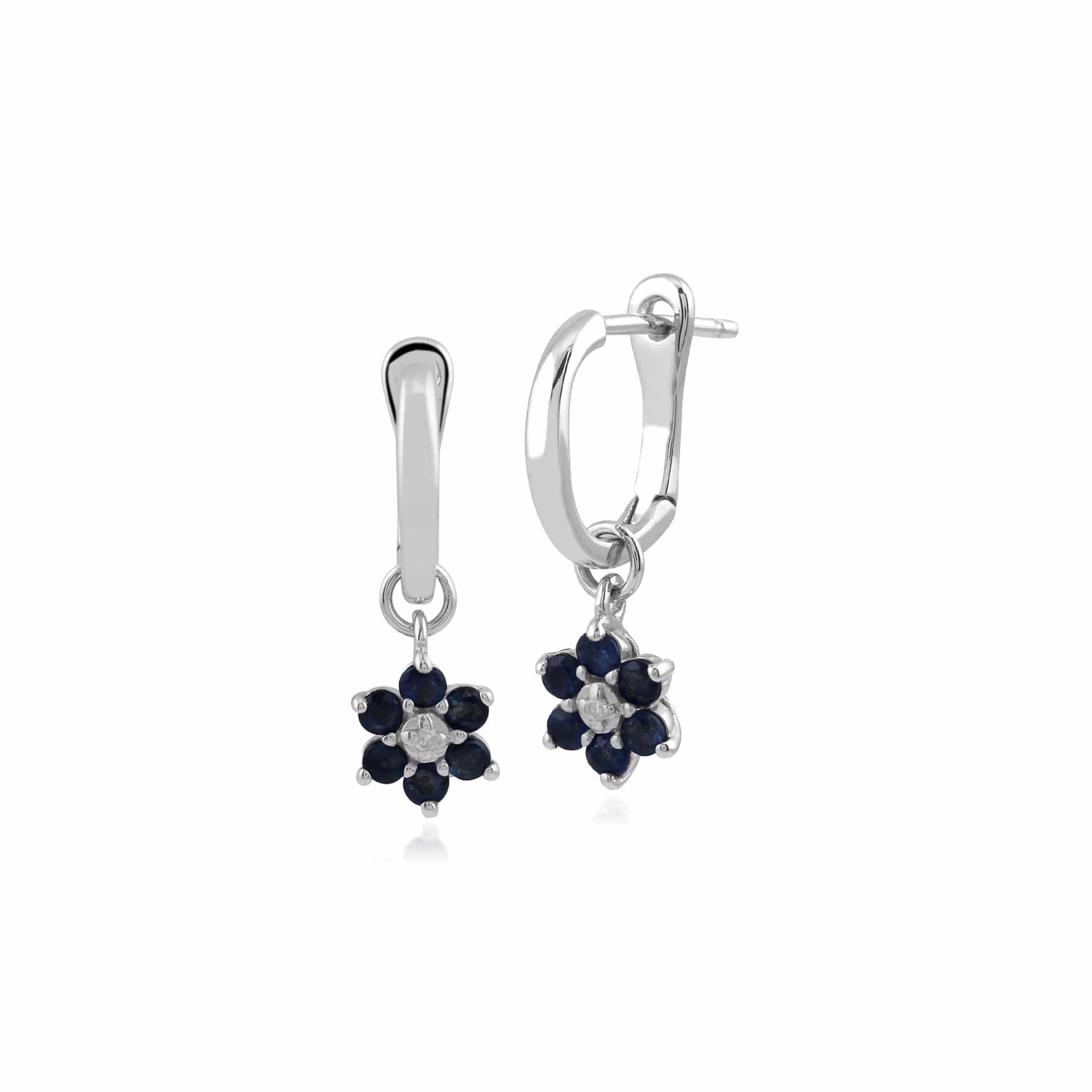 Product photograph of Floral Round Sapphire Diamond Omega Back Hoop Earrings In 9ct White Gold from Gemondo Jewellery