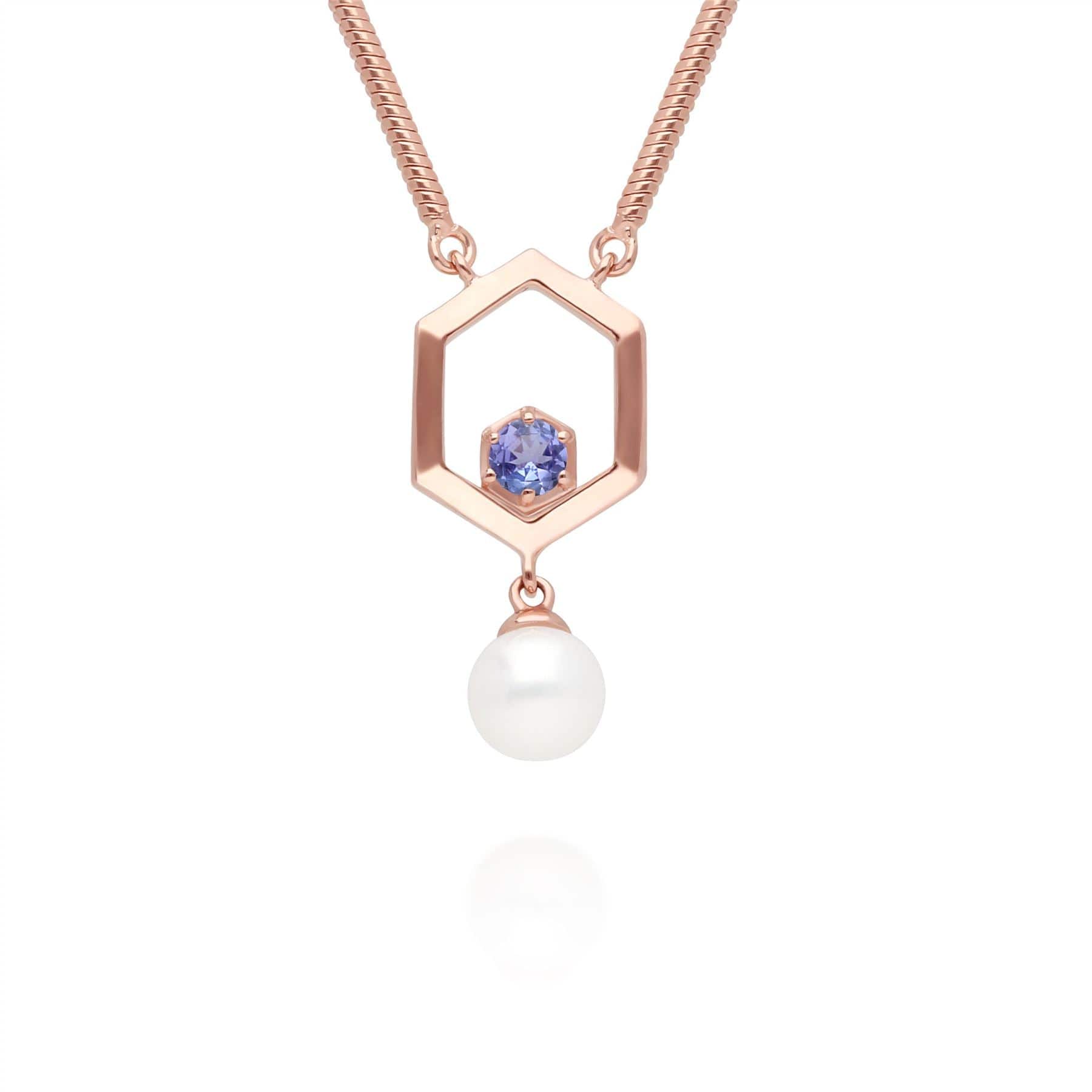 Product photograph of Modern Pearl Tanzanite Hexagon Drop Necklace In Rose Gold Plated Silver from Gemondo Jewellery