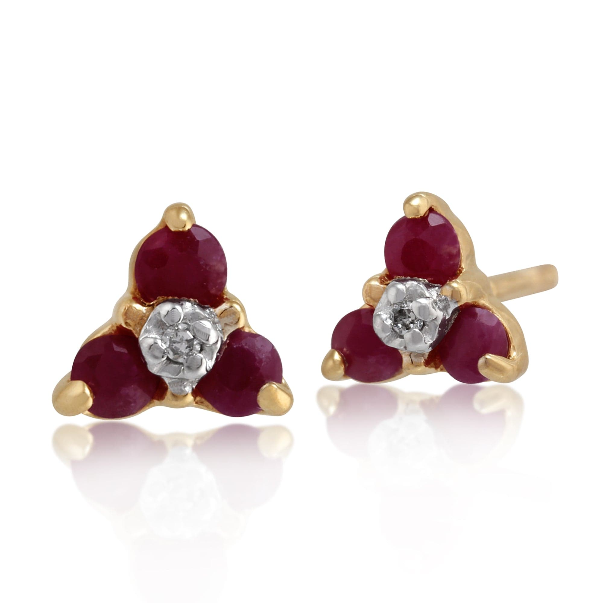 Product photograph of Floral Round Ruby Diamond Cluster Stud Earrings In 9ct Yellow Gold from Gemondo Jewellery