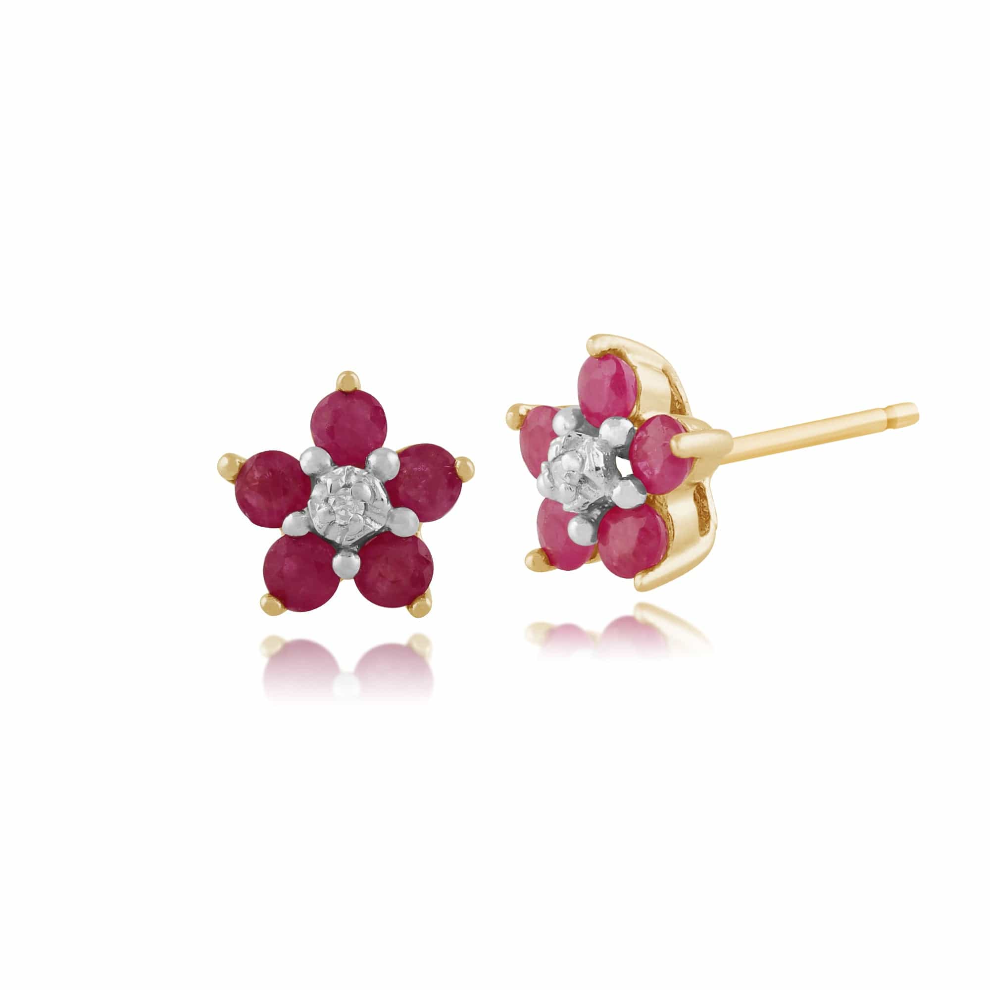 Product photograph of Floral Five Round Ruby Diamond Cluster Stud Earrings In 9ct Yellow Gold from Gemondo Jewellery