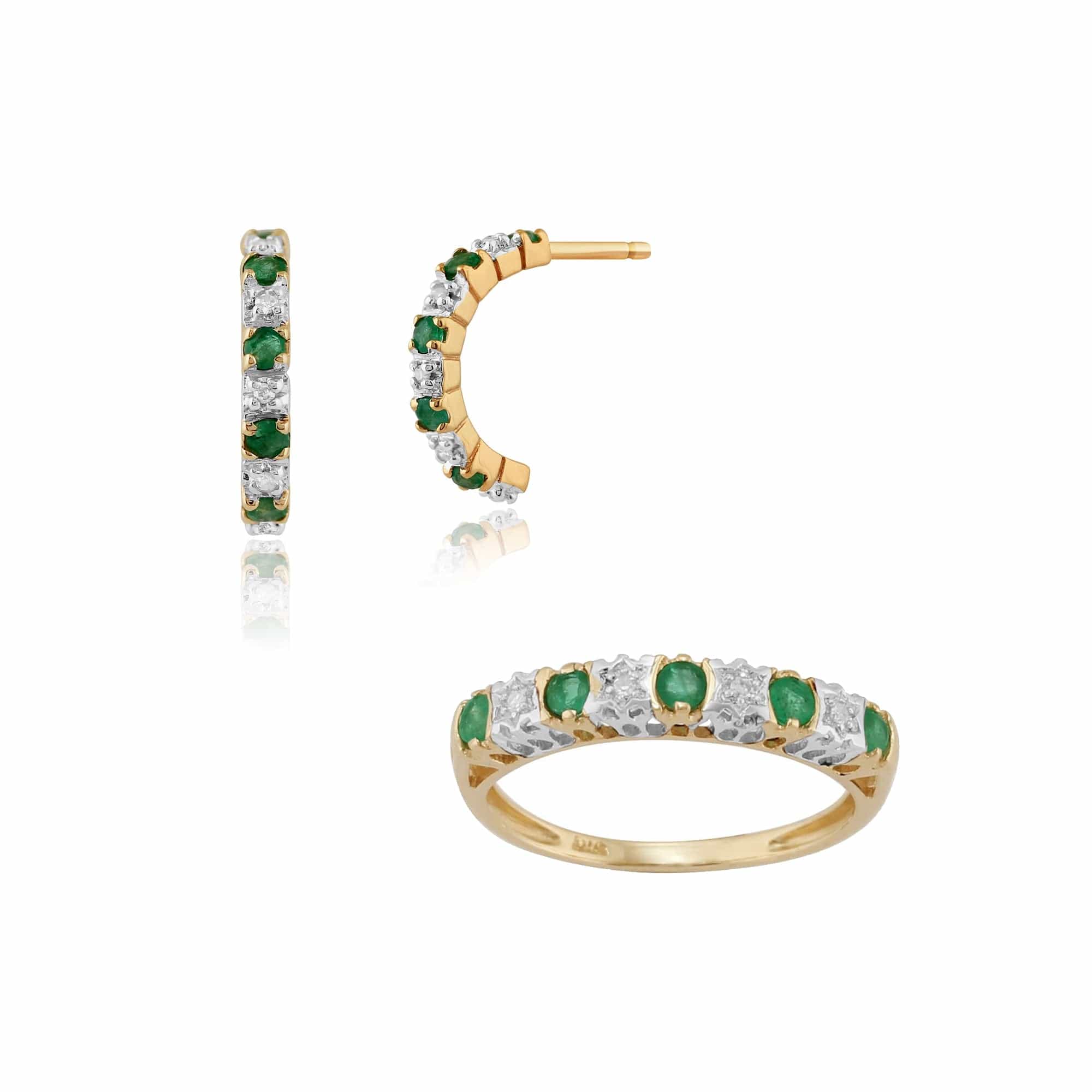 Product photograph of Classic Round Emerald Diamond Half Hoop Earrings Half Eternity Ring Set In 9ct Yellow Gold from Gemondo Jewellery