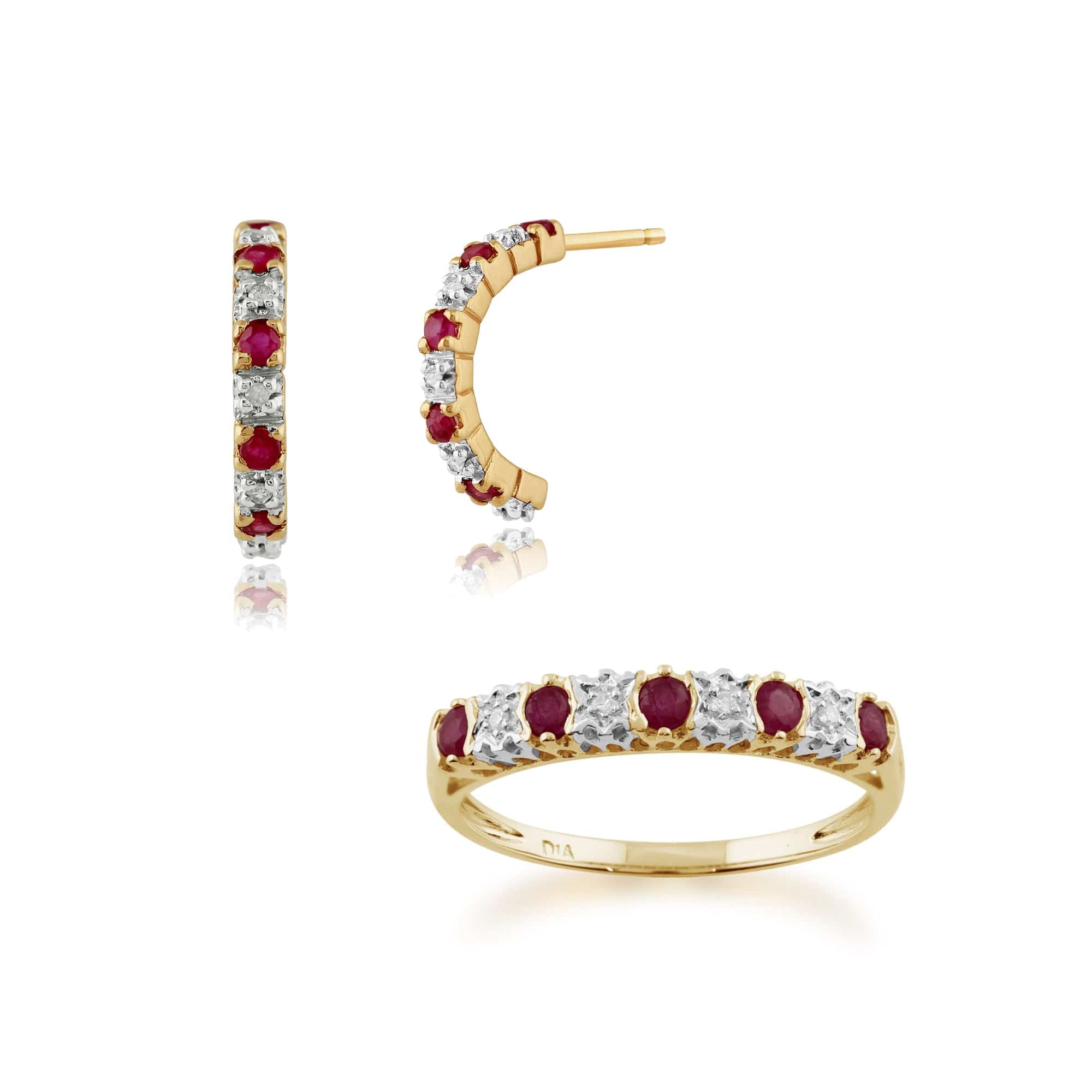 Product photograph of Classic Round Ruby Diamond Half Hoop Earrings Half Eternity Ring Set In 9ct Yellow Gold from Gemondo Jewellery