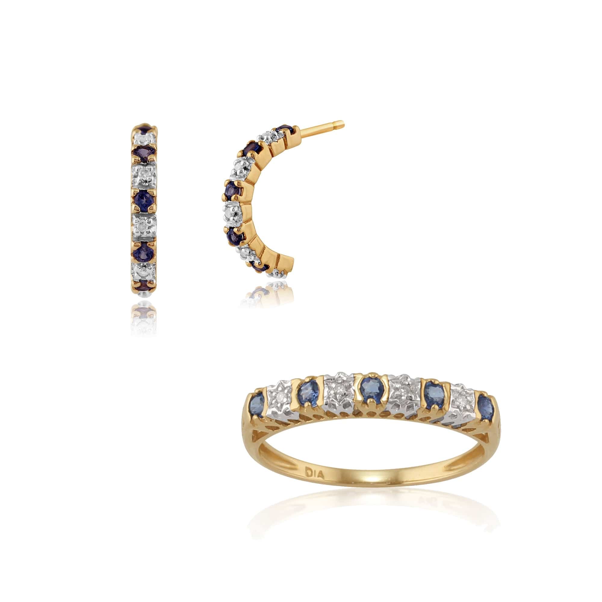 Product photograph of Classic Round Sapphire Diamond Half Hoop Earrings Half Eternity Ring Set In 9ct Yellow Gold from Gemondo Jewellery