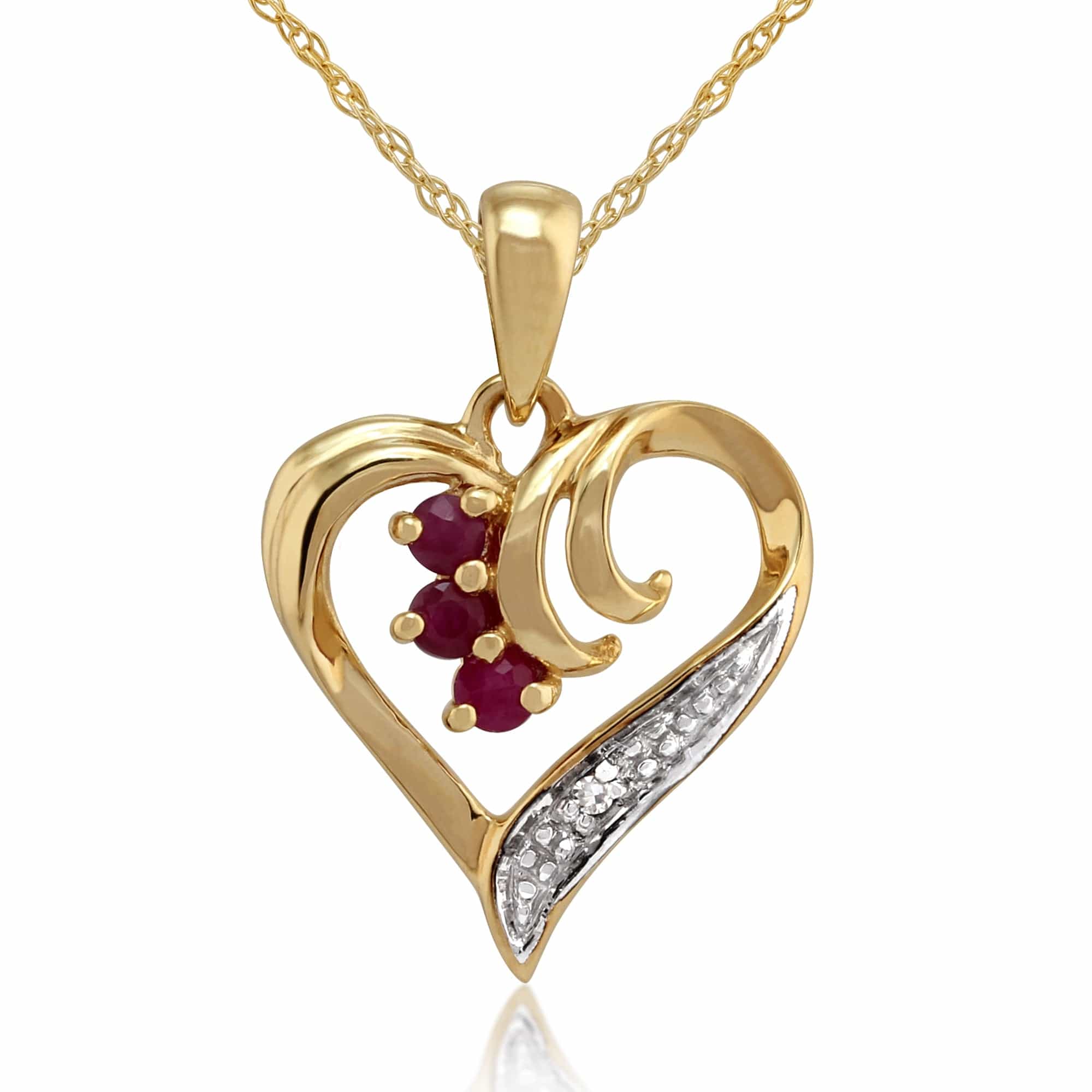 Product photograph of Classic Round Ruby Diamond Heart Pendant In 9ct Yellow Gold from Gemondo Jewellery