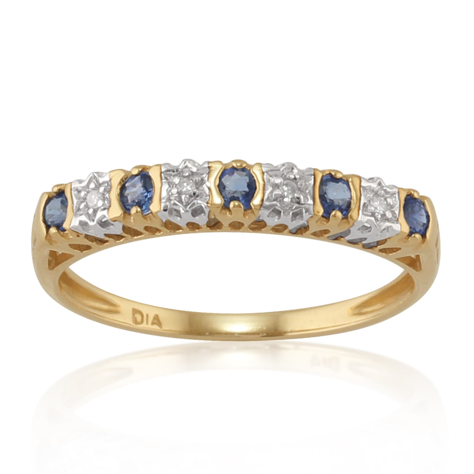 Product photograph of Classic Round Blue Sapphire Diamond Half Eternity Ring In 9ct Yellow Gold from Gemondo Jewellery