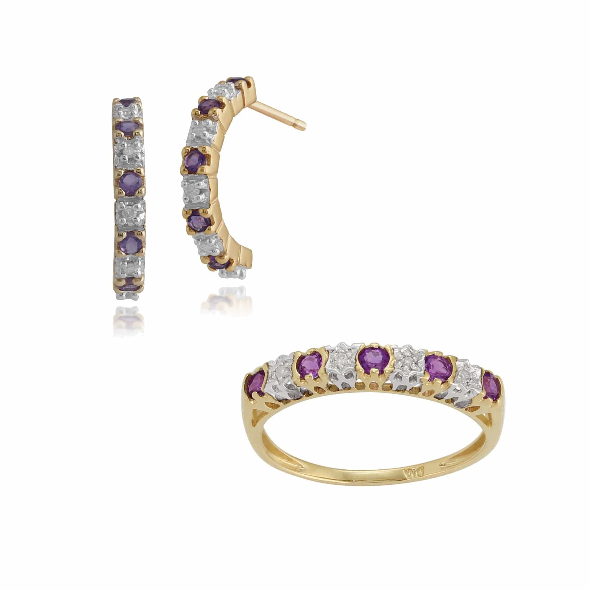 Product photograph of Classic Amethyst Diamond 9ct Yellow Gold Half Eternity Hoop Earrings Ring from Gemondo Jewellery