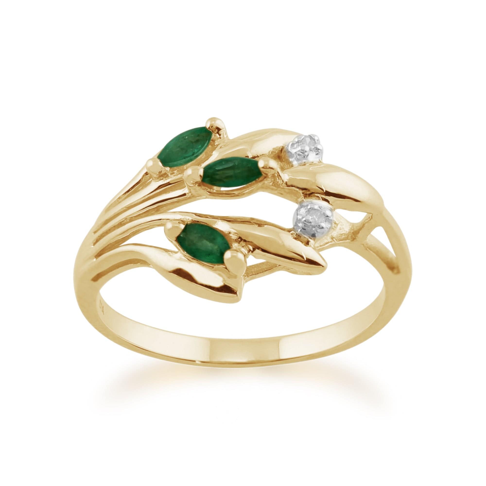 Product photograph of Floral Marquise Emerald Diamond Ring In 9ct Yellow Gold from Gemondo Jewellery
