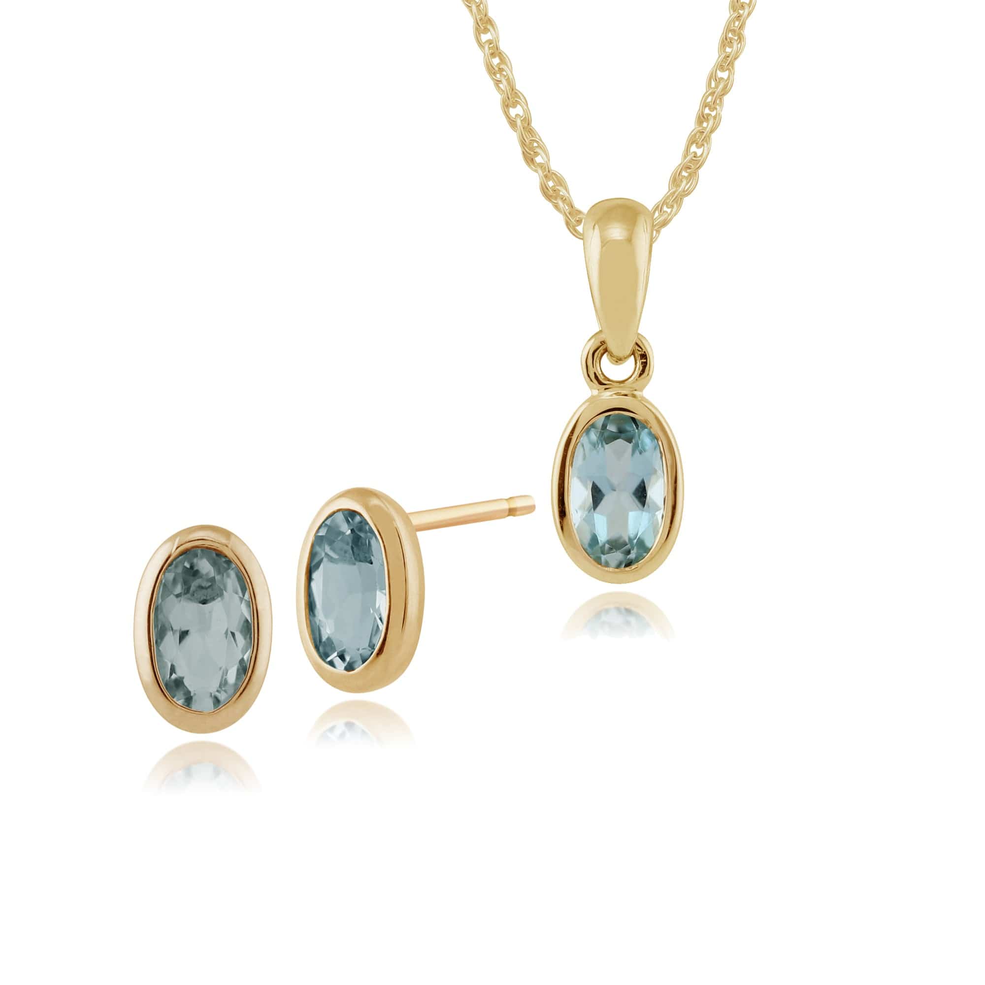 Product photograph of Classic Oval Aquamarine Bezel Stud Earrings Pendant Set In 9ct Yellow Gold from Gemondo Jewellery