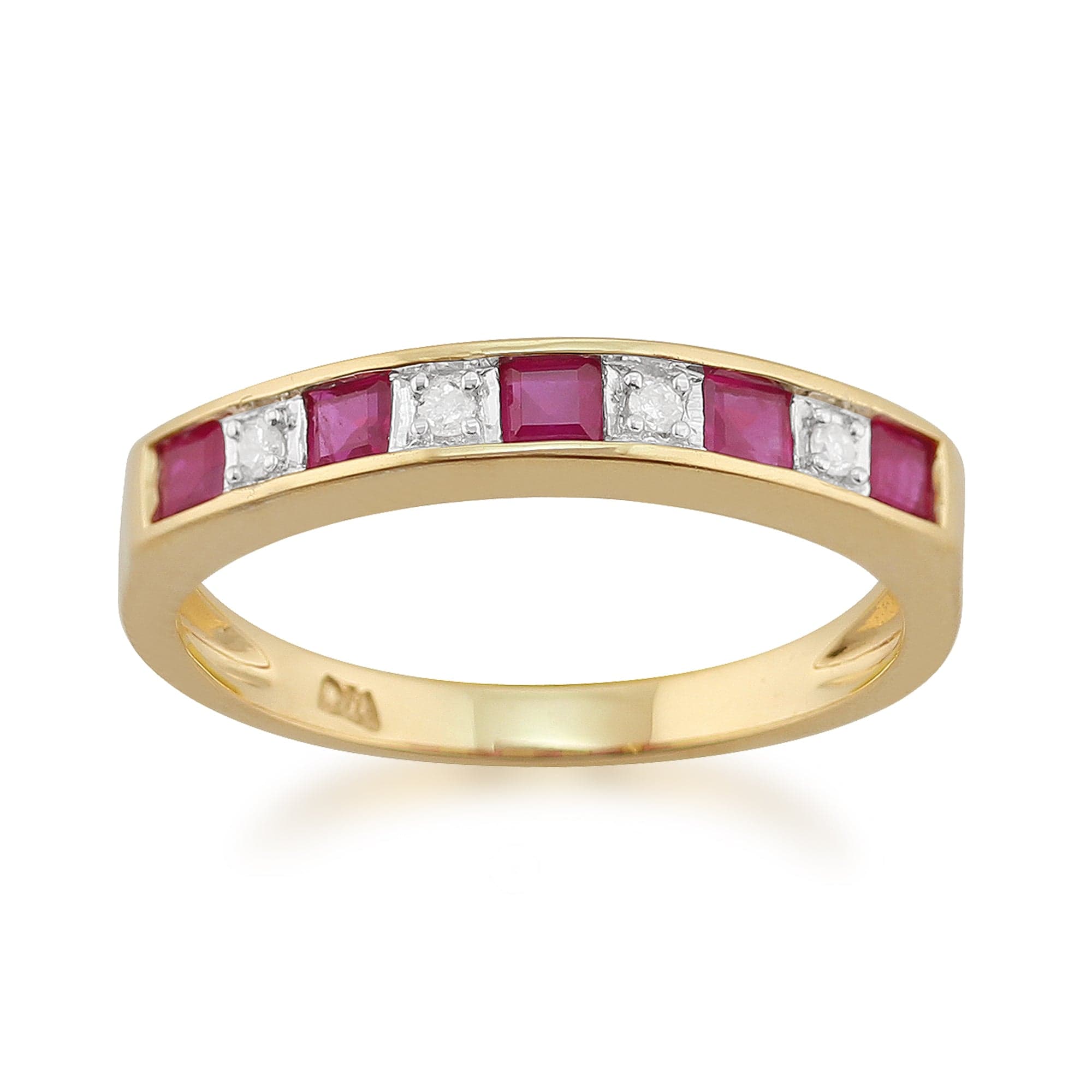 Product photograph of Classic Square Ruby Diamond Half Eternity Ring In 9ct Yellow Gold from Gemondo Jewellery