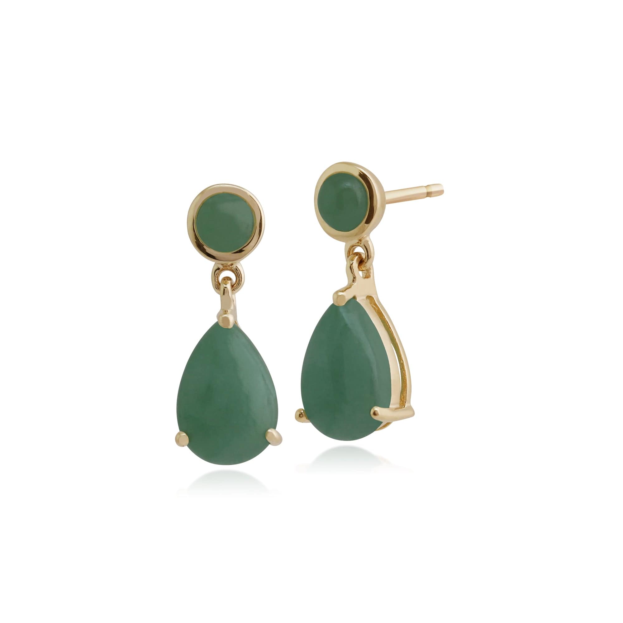 Product photograph of Classic Pear Round Green Jade Drop Earrings In 9ct Yellow Gold from Gemondo Jewellery