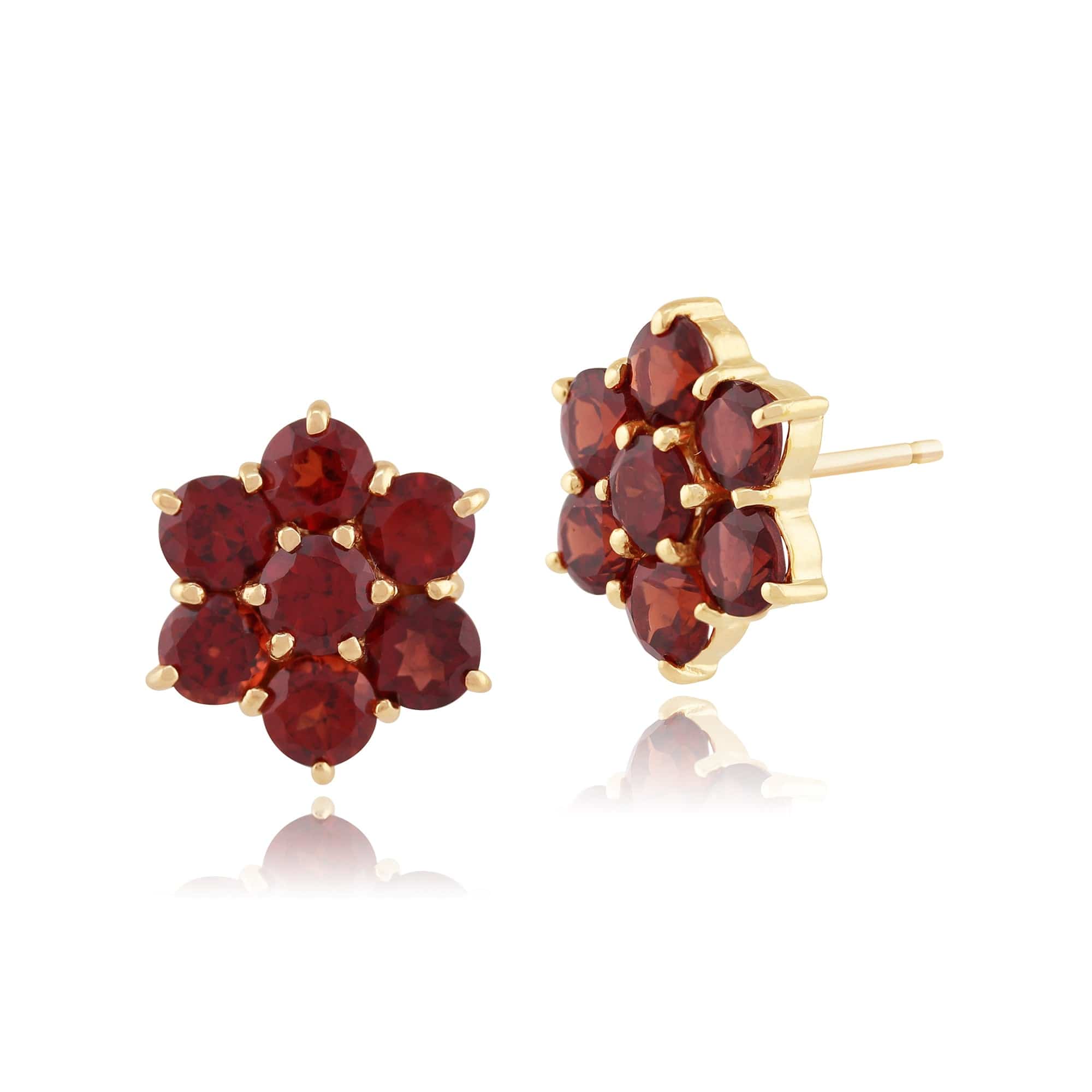 Product photograph of Floral Round Garnet Cluster Stud Earrings In 9ct Yellow Gold from Gemondo Jewellery