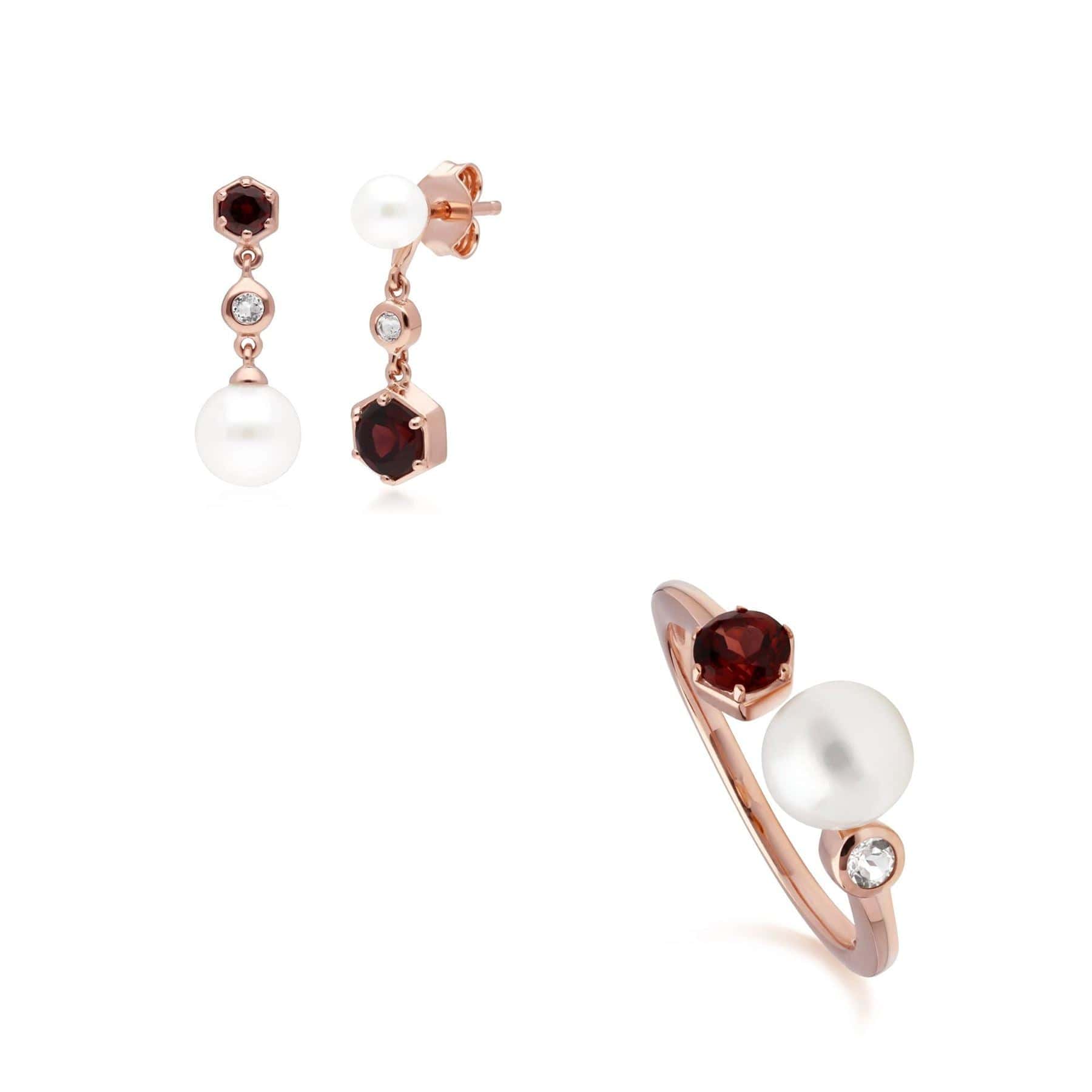 Product photograph of Modern Pearl Garnet Topaz Earring Ring Set In Rose Gold Plated Sterling Silver from Gemondo Jewellery