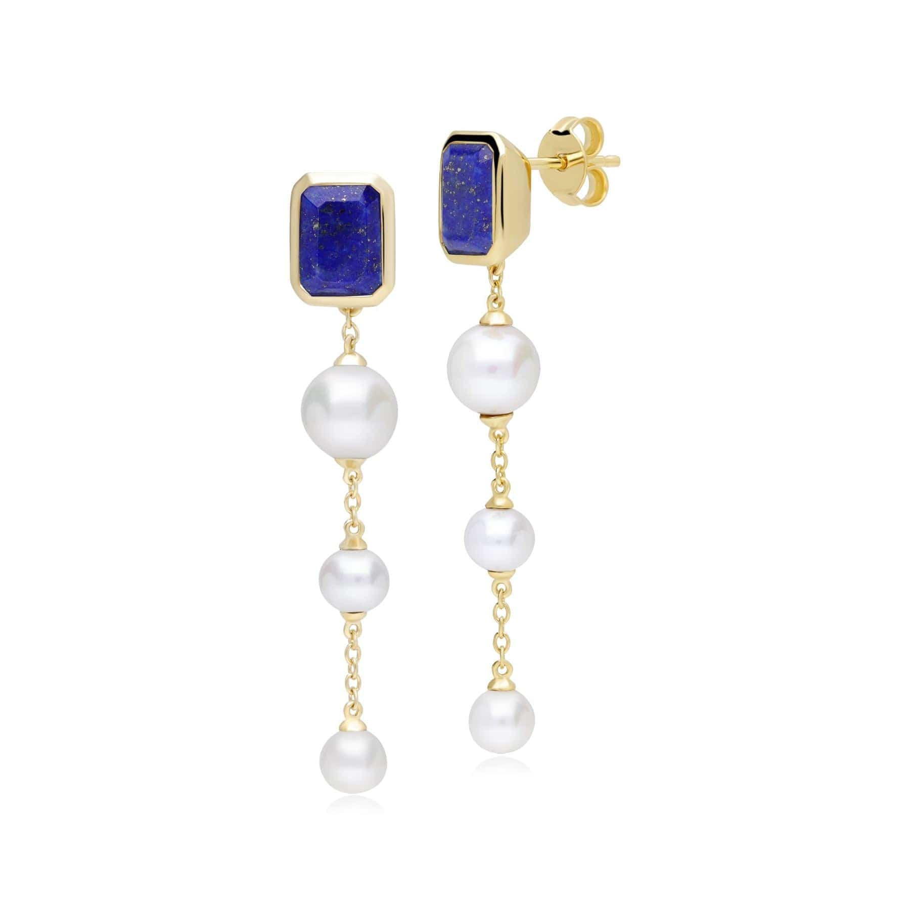 Product photograph of Ecfew Unifier Lapis Lazuli Pearl Dangle Drop Earrings In Yellow Gold Plated Silver from Gemondo Jewellery