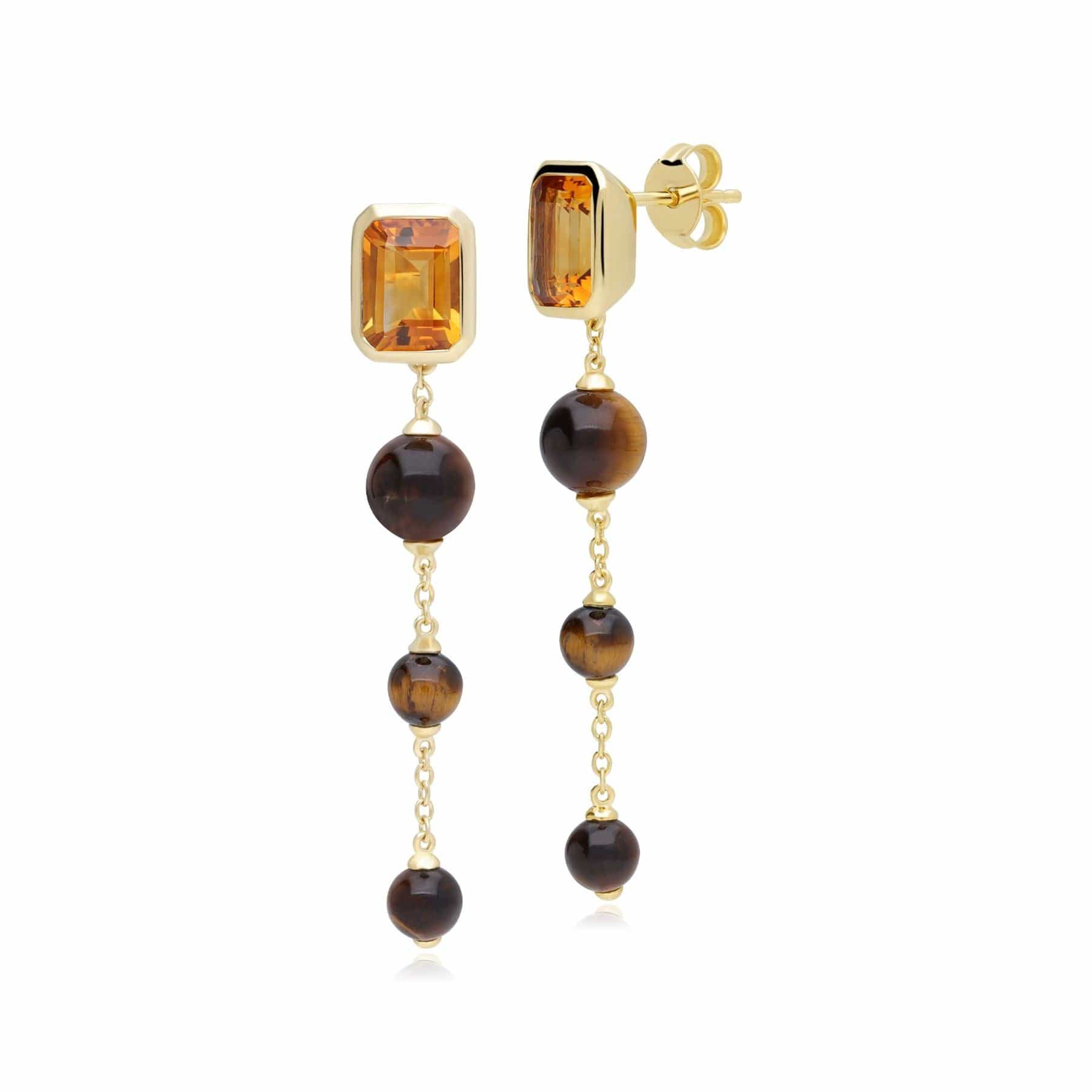 Product photograph of Ecfew Unifier Citrine Tiger S Eye Dangle Drop Earrings In Yellow Gold Plated Silver from Gemondo Jewellery