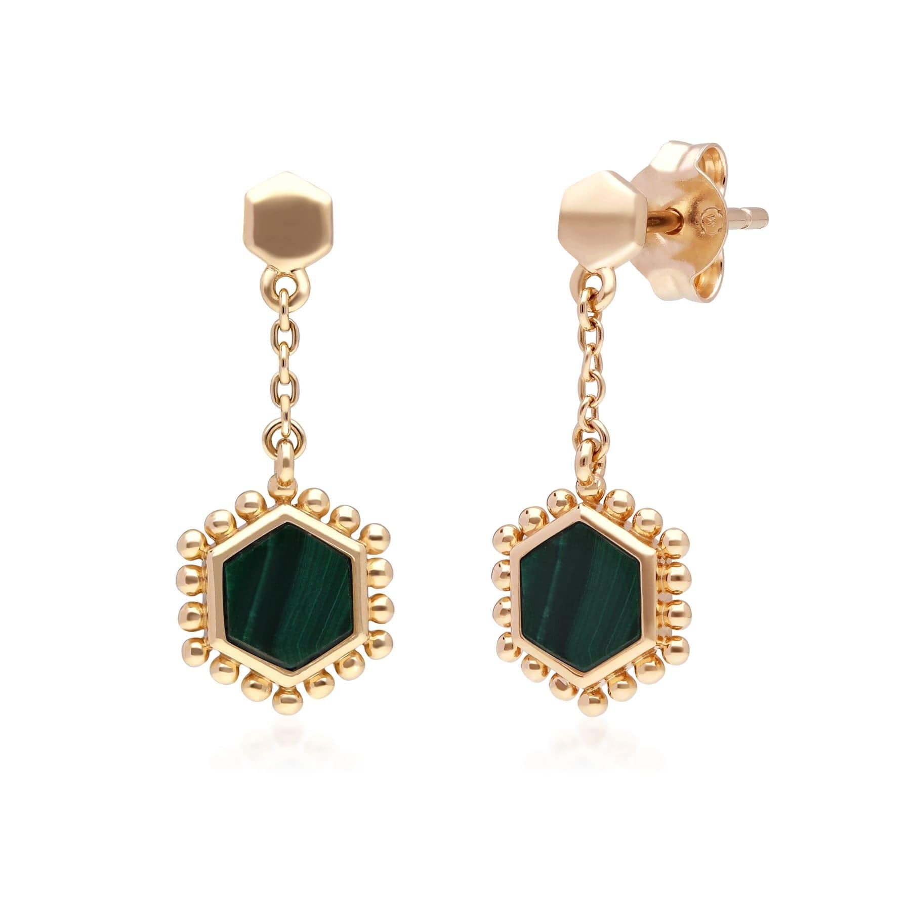 Product photograph of Malachite Flat Slice Hex Drop Earrings In Gold Plated Sterling Silver from Gemondo Jewellery