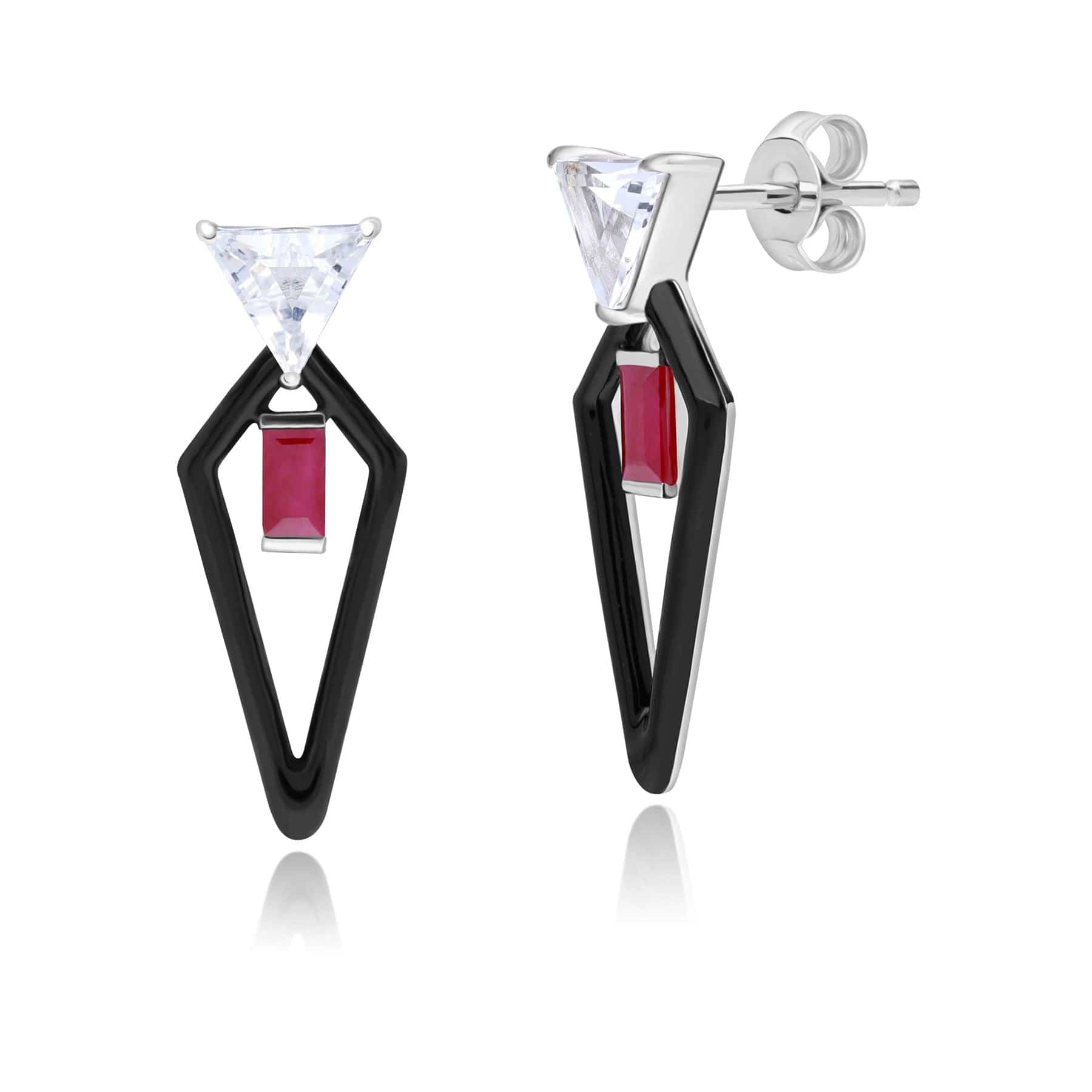 Image of Grand Deco Enamel, Topaz & Ruby Drop Earrings in 9ct White Gold