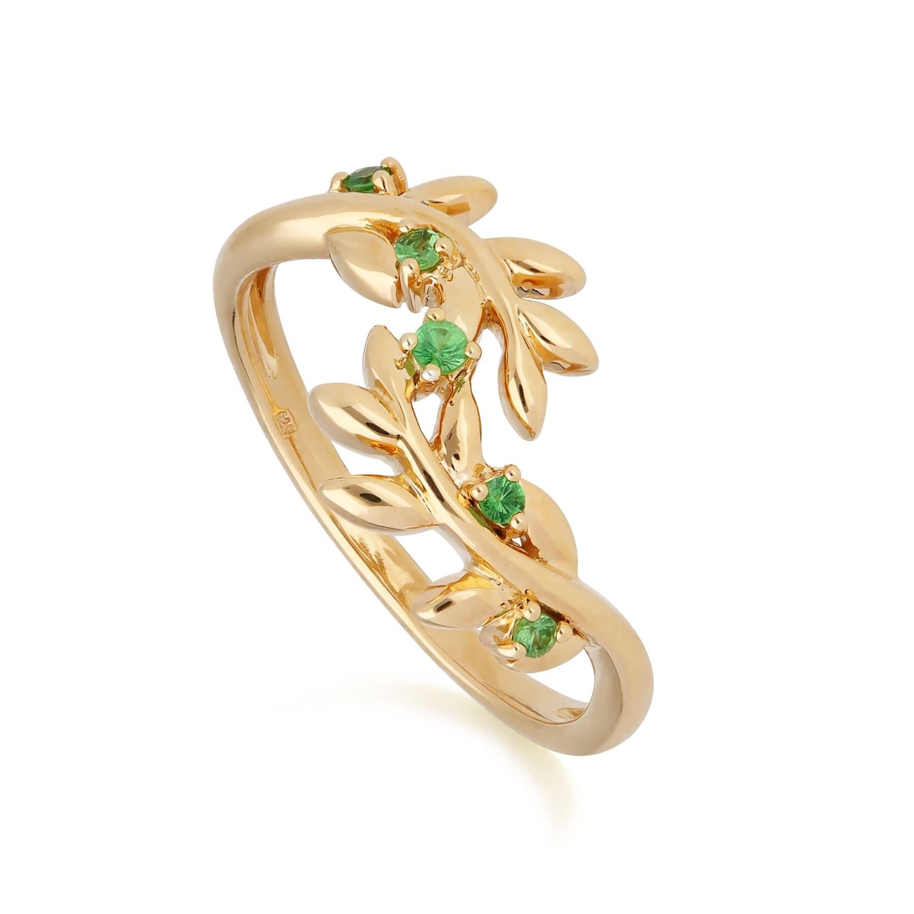 Product photograph of O Leaf Tsavorite Olive Branch Ring In Gold Plated Sterling Silver from Gemondo Jewellery