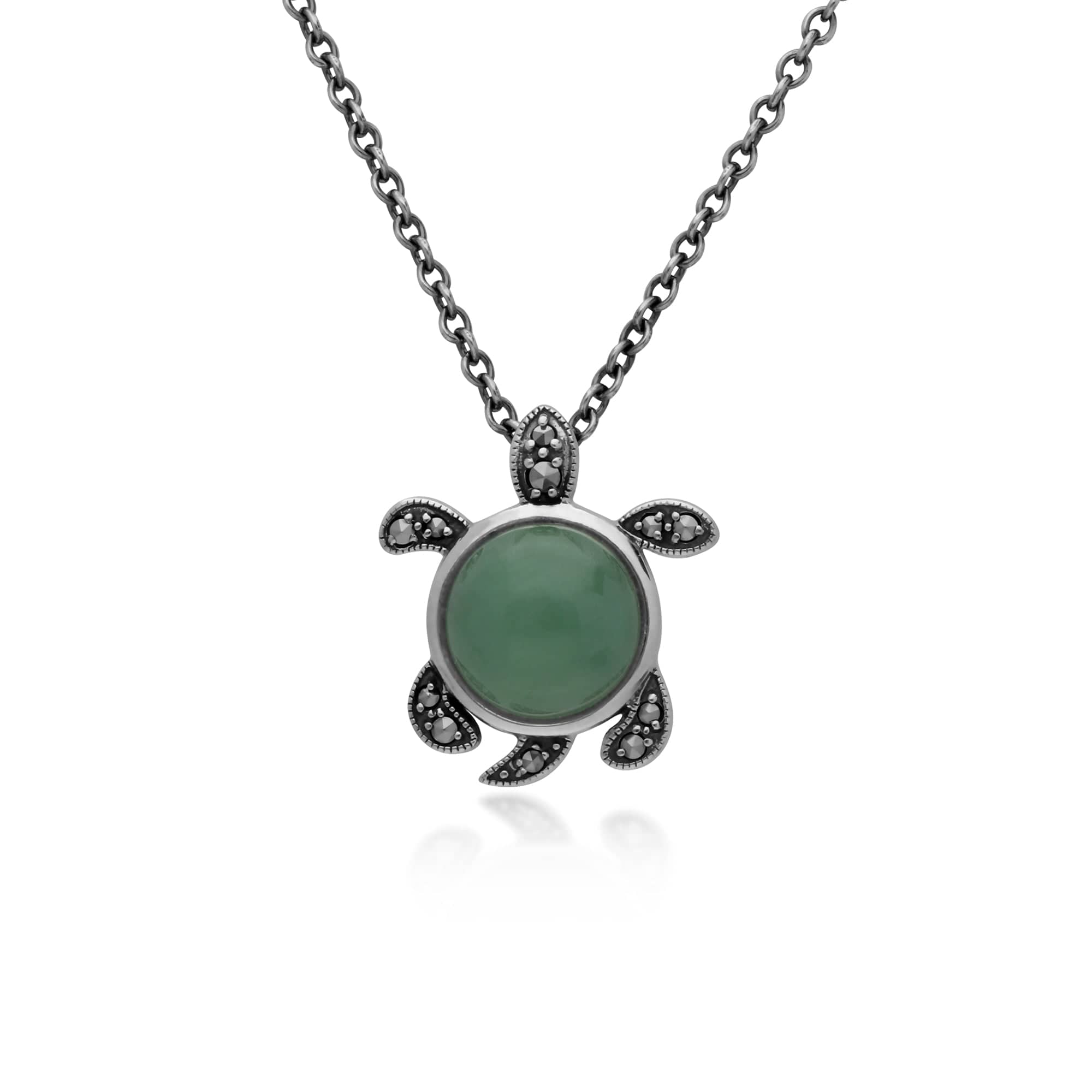 Product photograph of Green Jade Marcasite Turtle Necklace In 925 Sterling Silver from Gemondo Jewellery