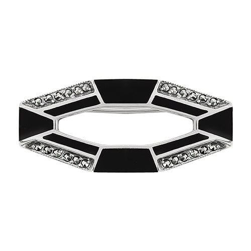 Product photograph of Art Deco Style Cabochon Black Onyx Marcasite Brooch In 925 Sterling Silver from Gemondo Jewellery