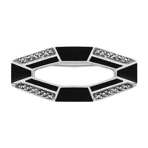 Image of Art Deco Style Cabochon Black Onyx & Marcasite Brooch in 925 Sterling Silver