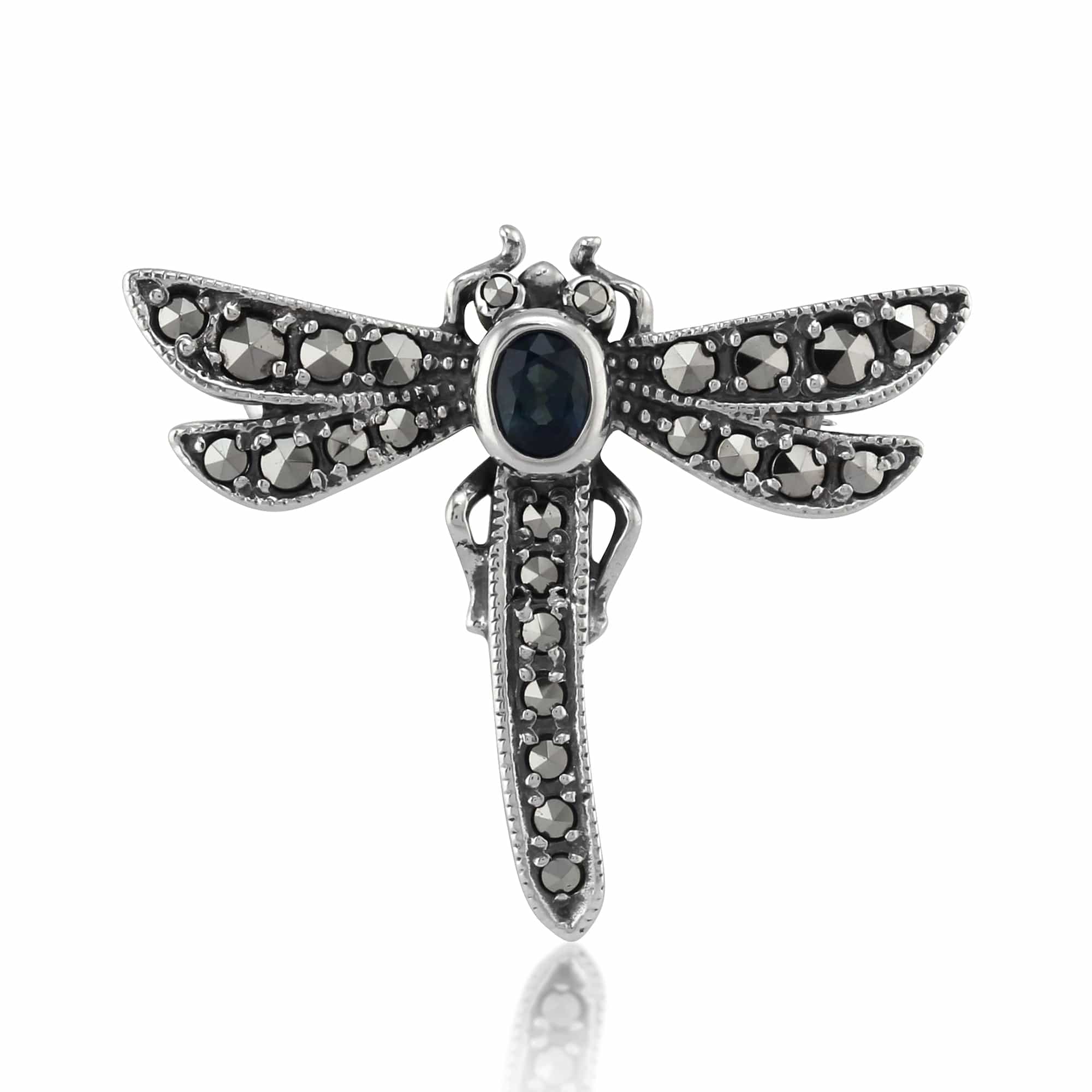 Image of Art Nouveau Style Oval Marcasite & Sapphire Dragonfly Brooch in 925 Sterling Silver