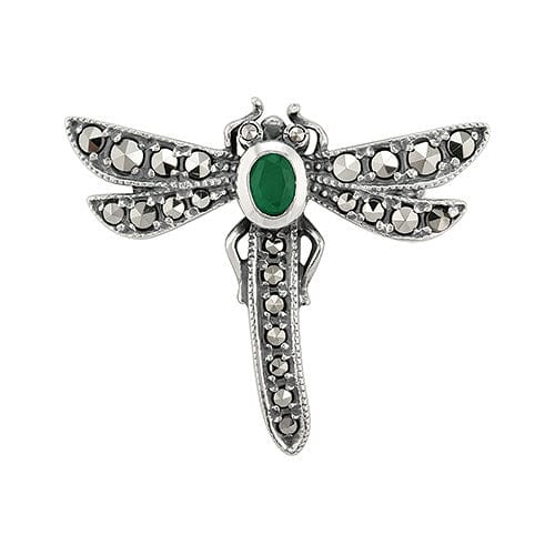 Image of Art Nouveau Style Oval Marcasite & Emerald Dragonfly Brooch in 925 Sterling Silver