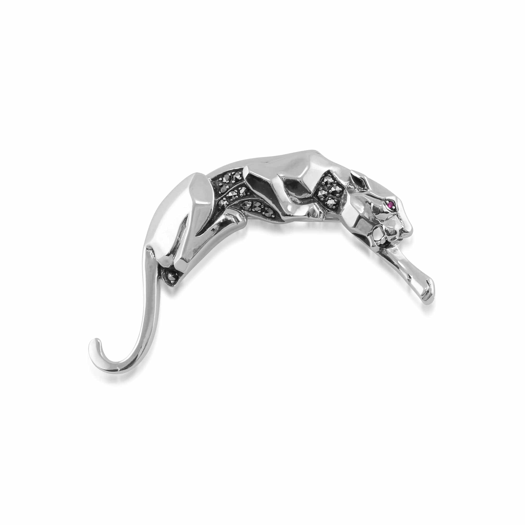 Product photograph of Art Deco Style Ruby Marcasite Panther Brooch In Sterling Silver from Gemondo Jewellery