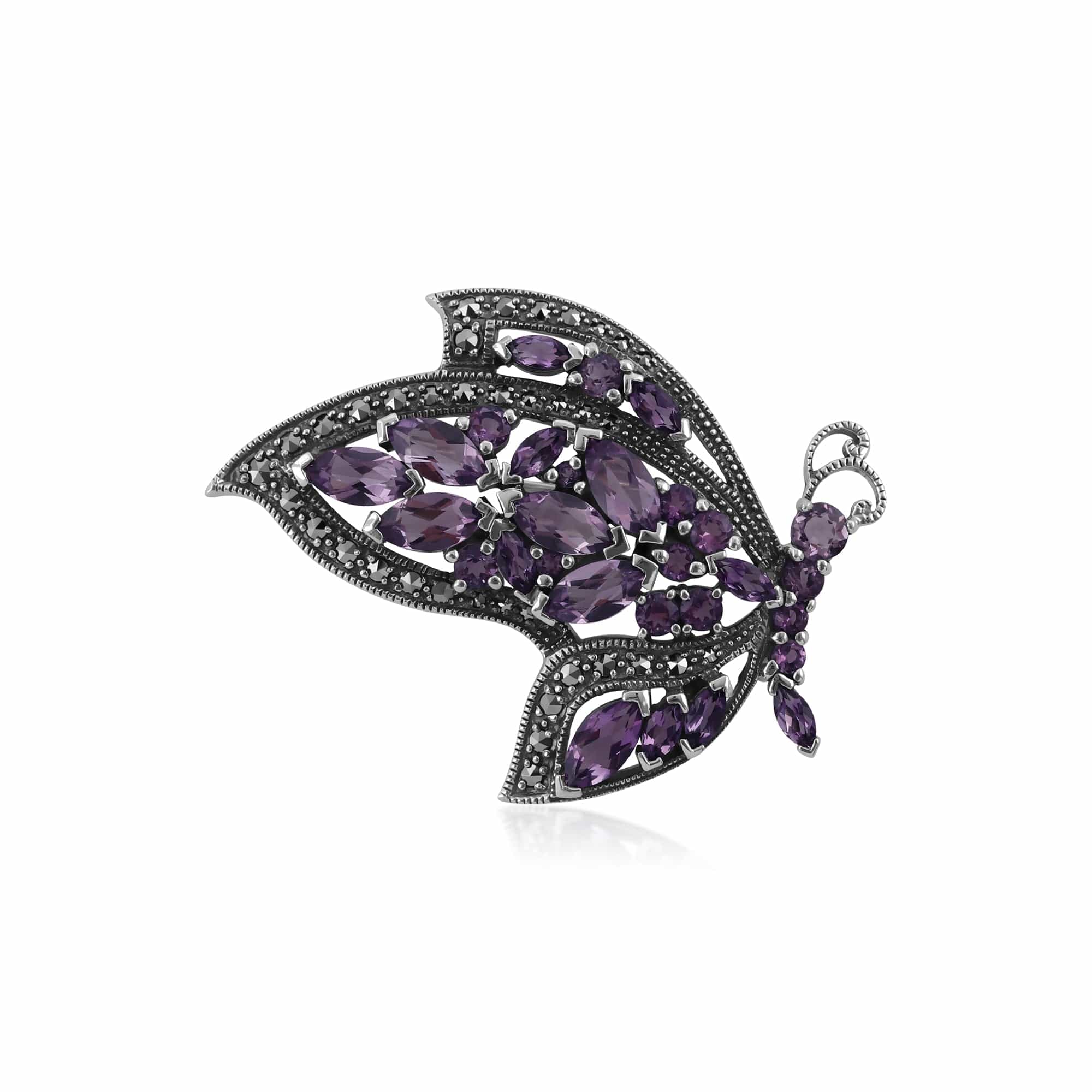 Product photograph of Art Nouveau Style Marquise Amethyst Marcasite Flying Butterfly Brooch In 925 Sterling Silver from Gemondo Jewellery