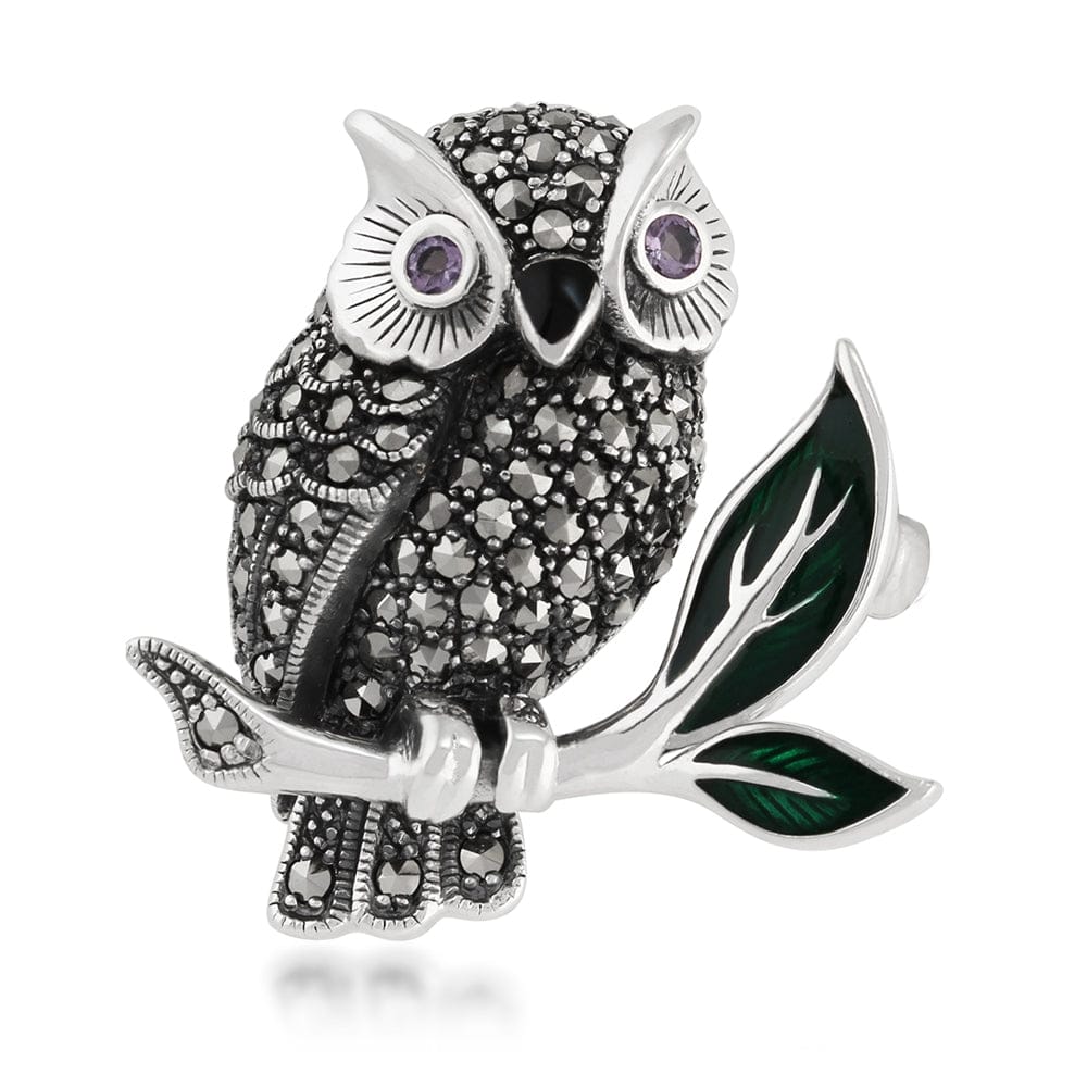 Product photograph of Art Nouveau Style Marcasite Amethyst Enamel Owl Brooch In Sterling Silver from Gemondo Jewellery