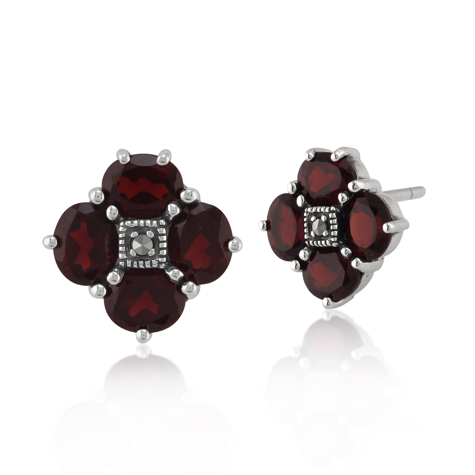 Product photograph of Art Nouveau Style Round Garnet Marcasite Cluster Stud Earrings In 925 Sterling Silver from Gemondo Jewellery