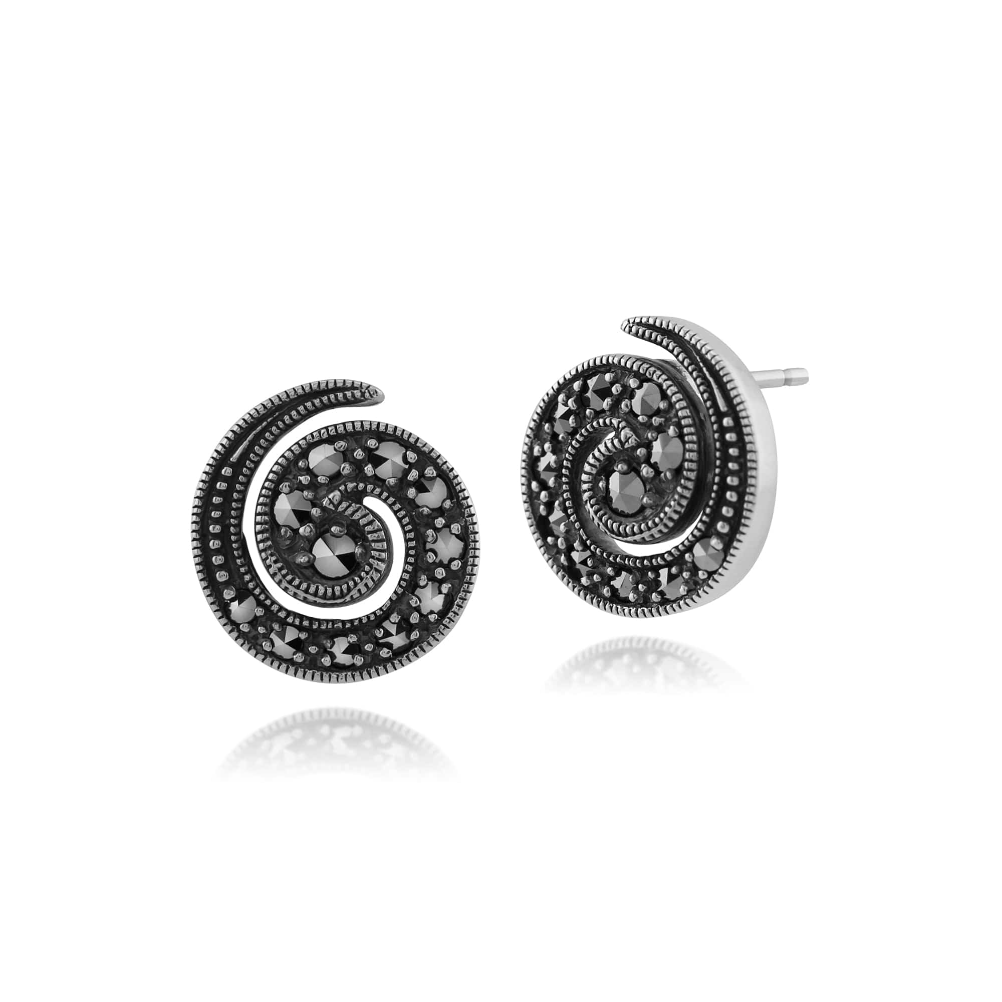 Product photograph of Art Nouveau Style Round Marcasite Spiral Stud Earrings In 925 Sterling Silver from Gemondo Jewellery