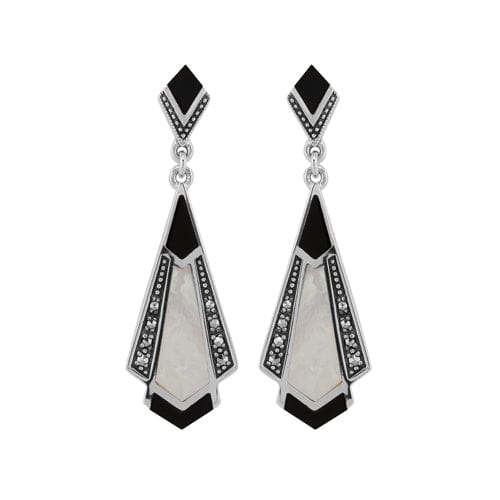 Image of Art Deco Style Cabochon Black Onyx, Mother of Pearl & Marcasite Drop Earrings in 925 Sterling Silver