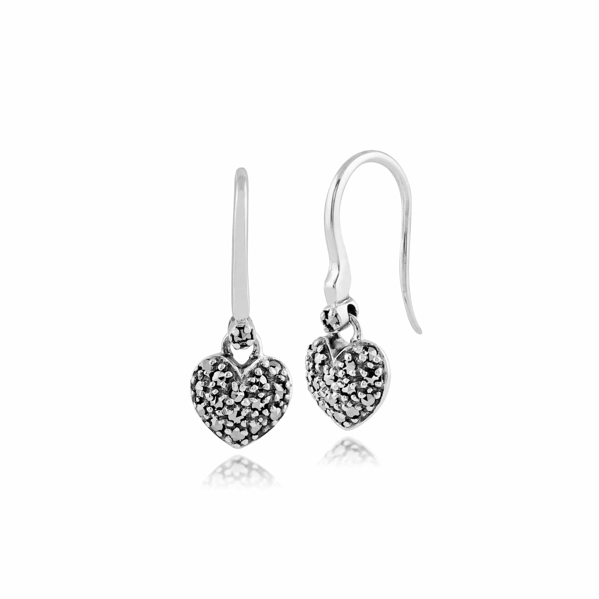 Product photograph of Classic Round Marcasite Heart Drop Earrings In 925 Sterling Silver from Gemondo Jewellery