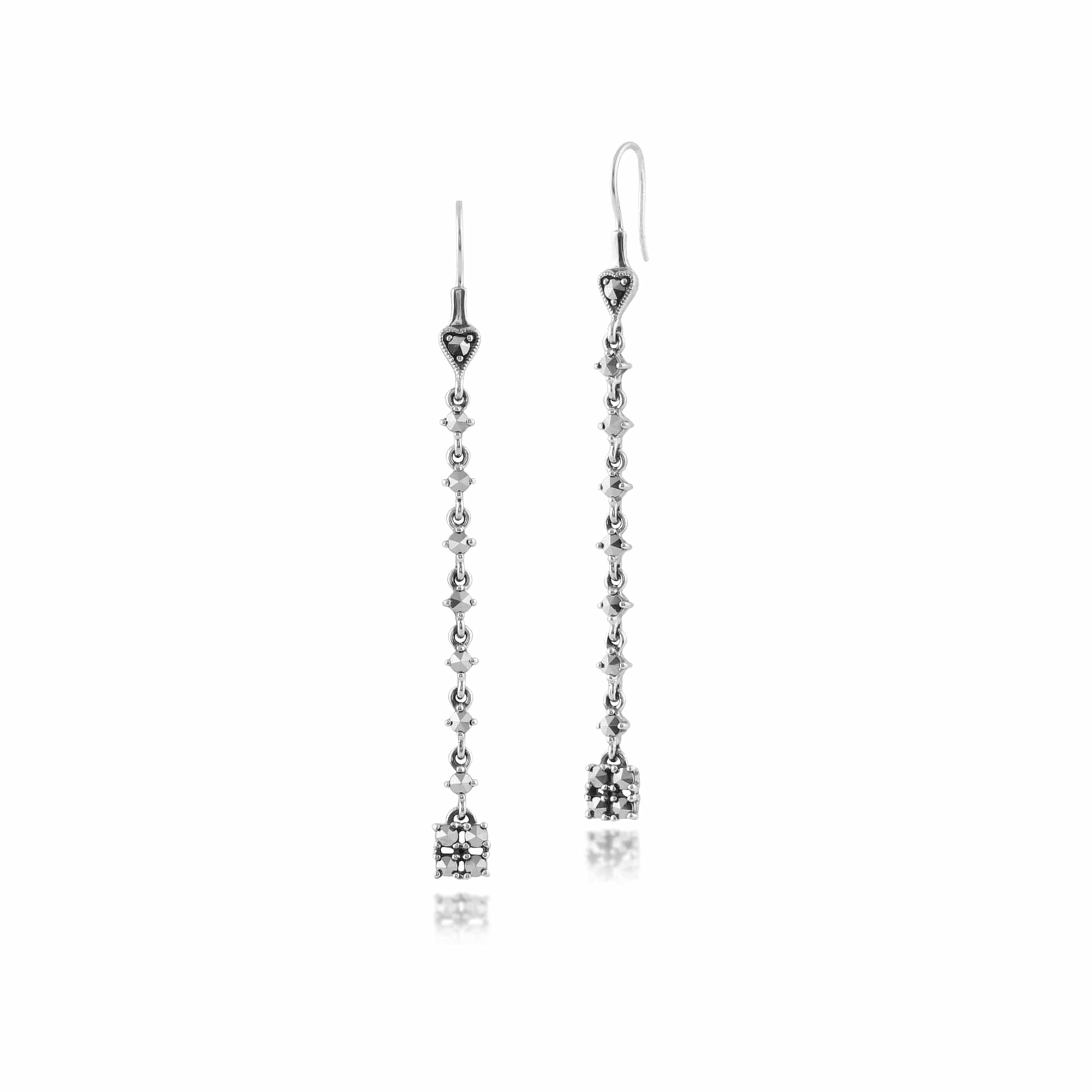 Product photograph of Art Deco Style Round Marcasite Long Dangle Drop Earrings In 925 Sterling Silver from Gemondo Jewellery