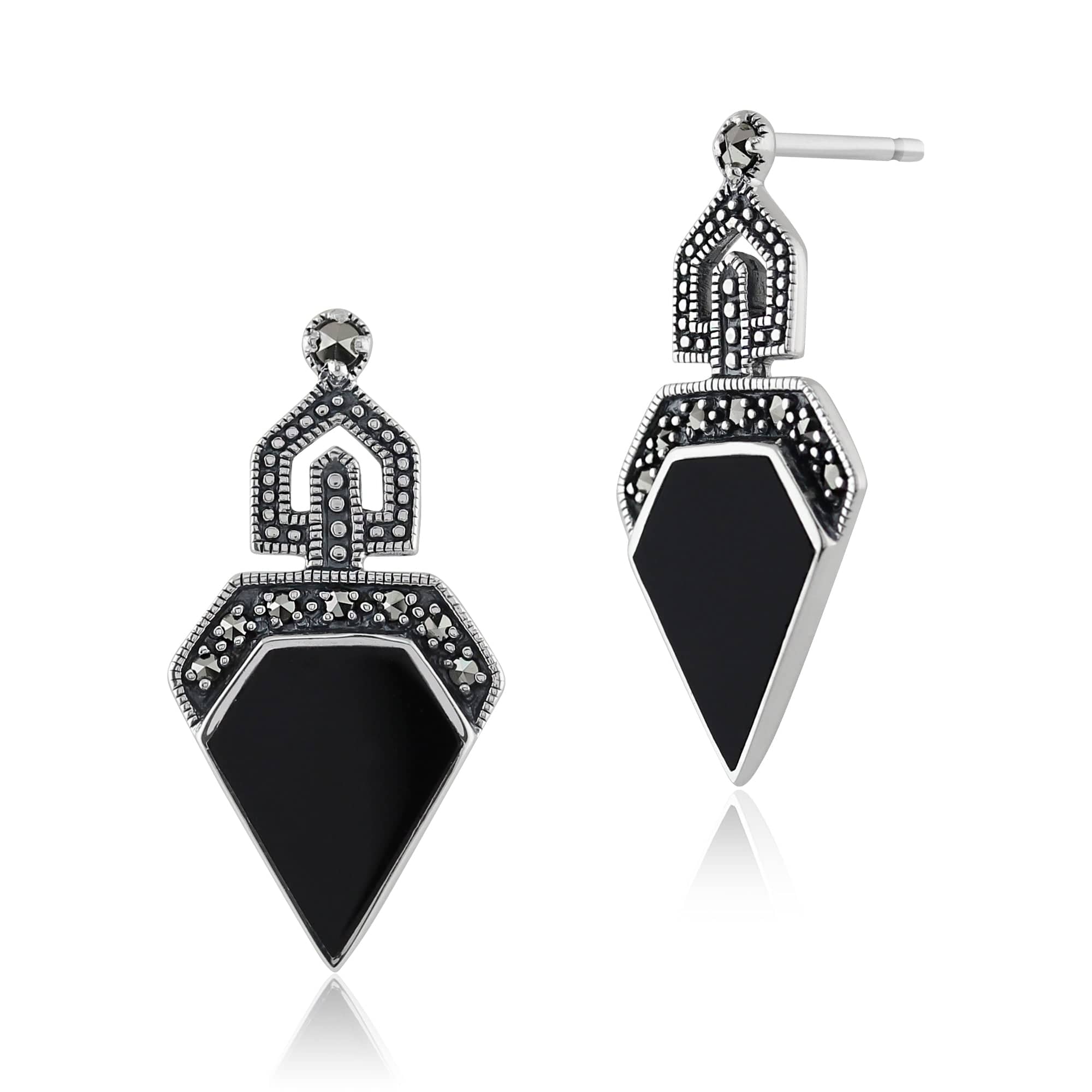 Image of Art Deco Style Black Onyx Cabochon & Marcasite Drop Earrings in 925 Sterling Silver