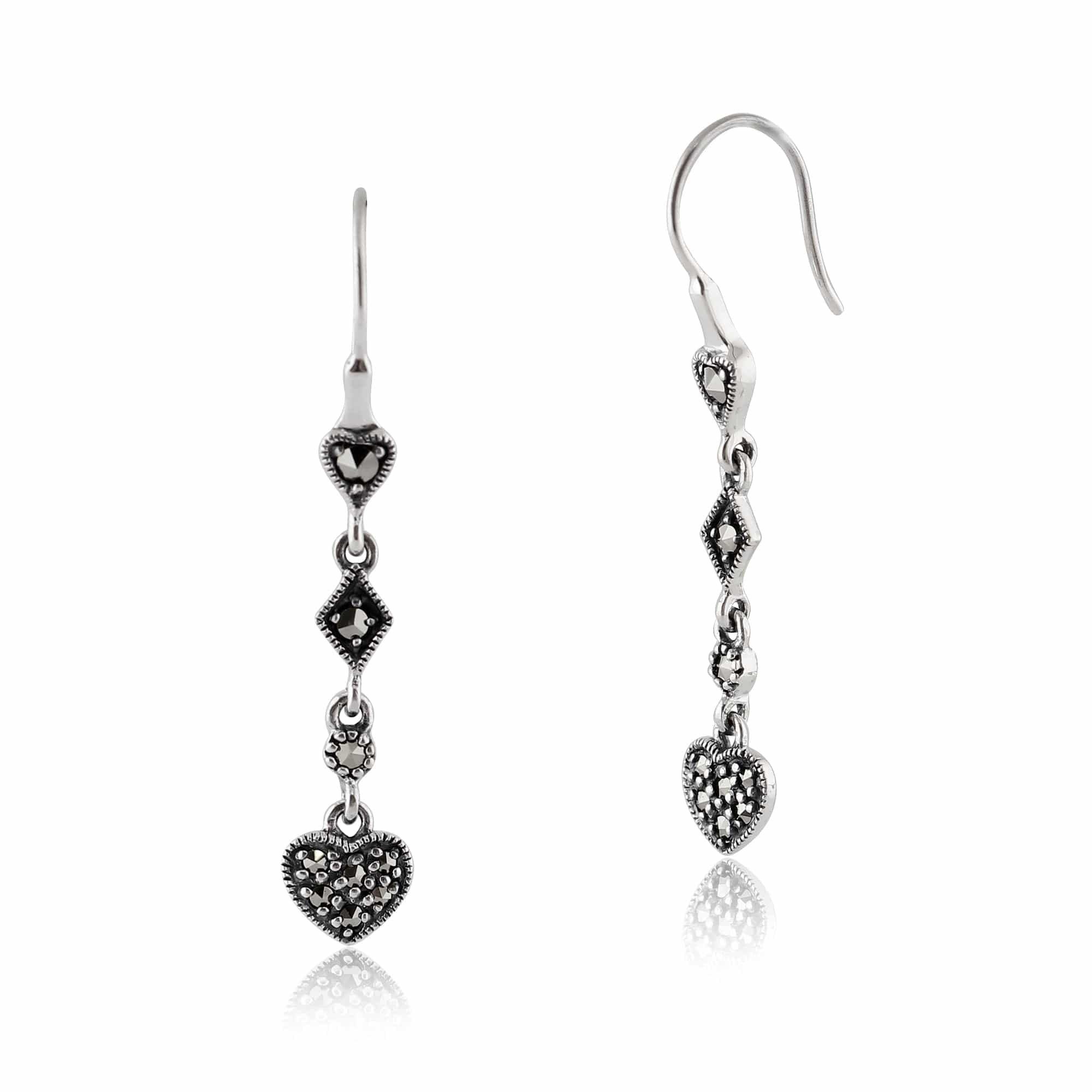 Product photograph of Art Deco Style Round Marcasite Pave Set Heart Drop Earrings In 925 Sterling Silver from Gemondo Jewellery