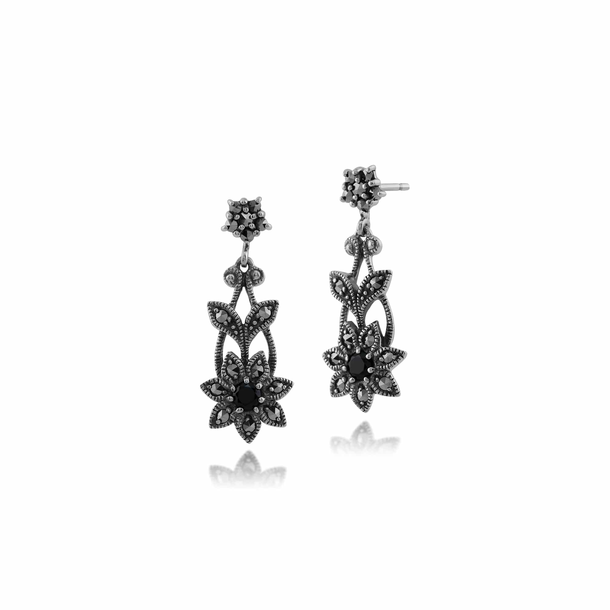 Image of Art Nouveau Style Black Spinel & Marcasite Floral Drop Earrings in 925 Sterling Silver