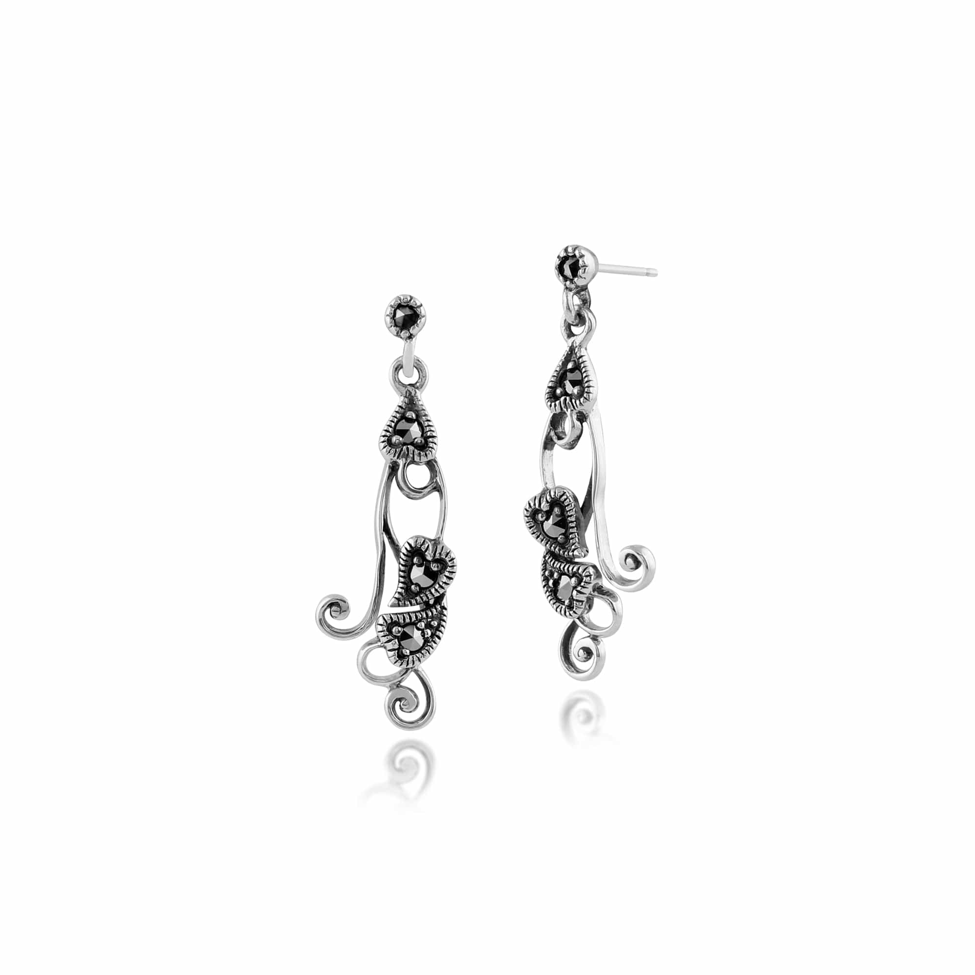 Image of Art Nouveau Style Round Marcasite Drop Earrings in 925 Sterling Silver