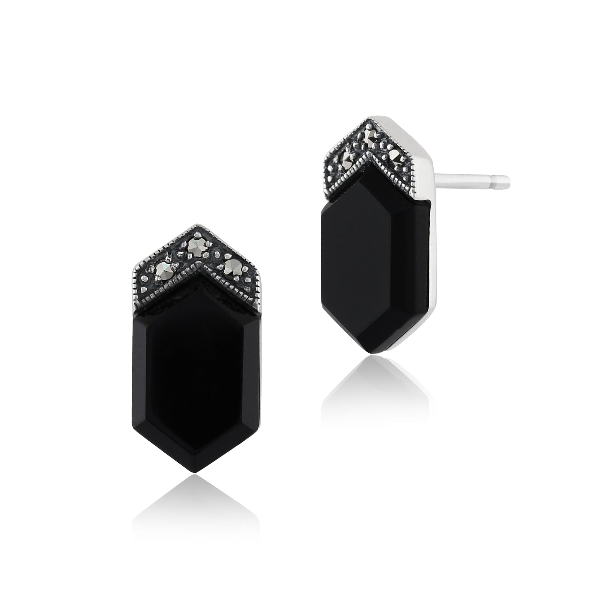 Image of Art Deco Style Black Onyx  Cabochon & Marcasite Stud Earrings in 925 Sterling Silver