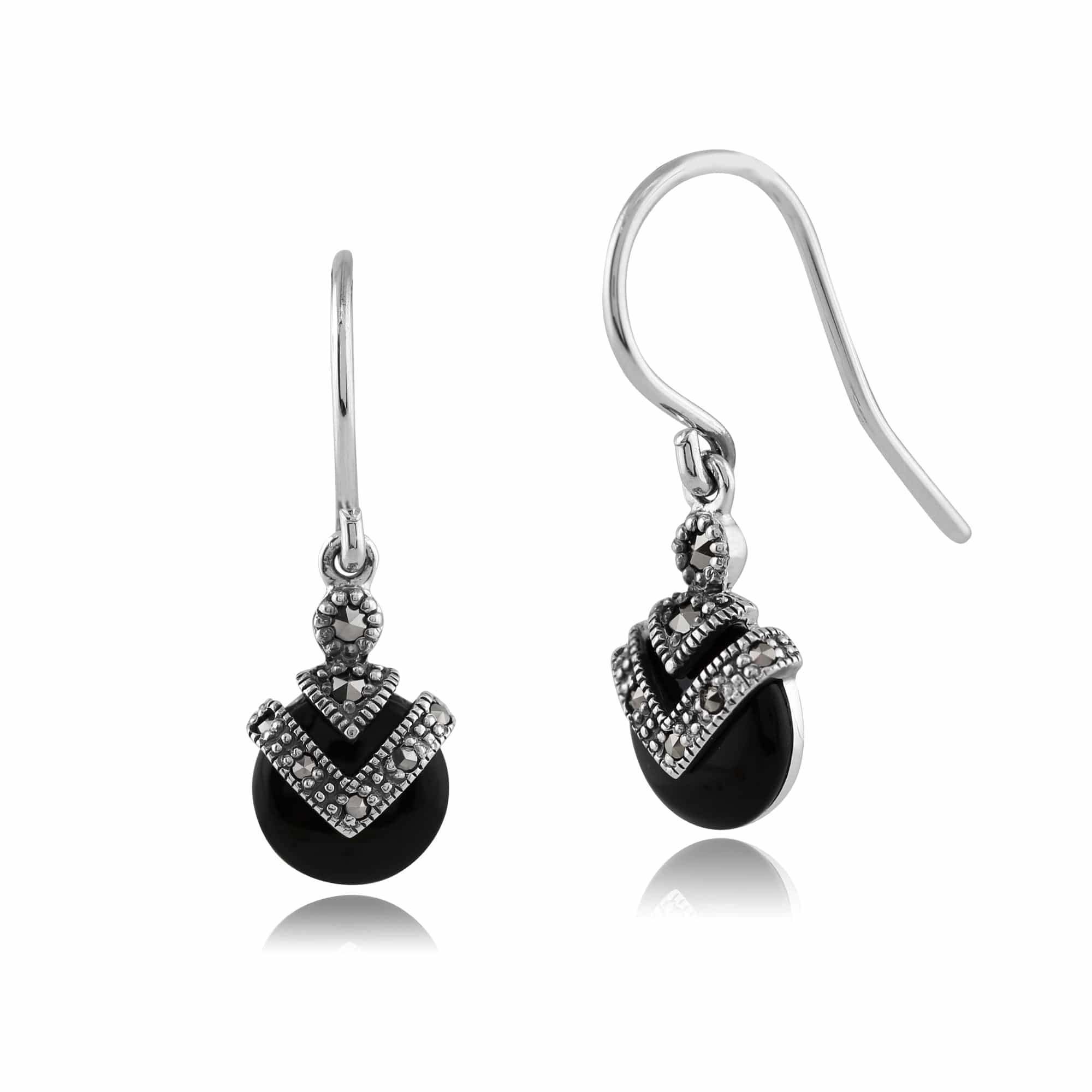 Product photograph of Art Deco Style Round Black Onyx Marcasite Drop Earrings In 925 Sterling Silver from Gemondo Jewellery