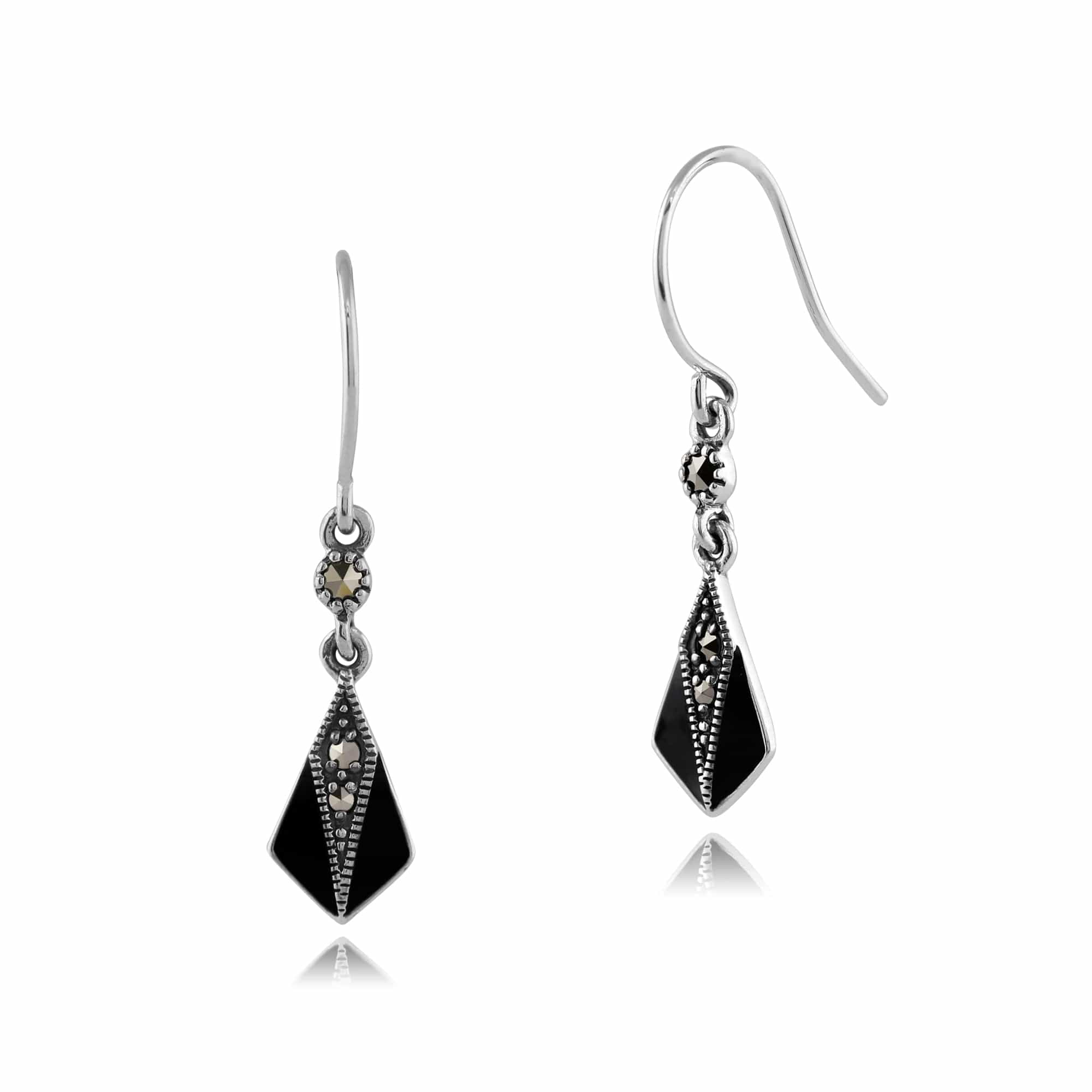 Product photograph of Art Deco Style Round Marcasite Enamel Drop Earrings In 925 Sterling Silver from Gemondo Jewellery