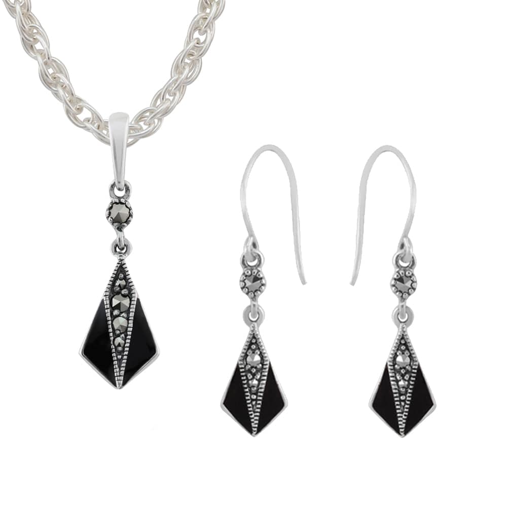 Image of Art Deco Style Round Marcasite & Black Enamel Small Fan Drop Earrings & Pendant Set in 925 Sterling Silver