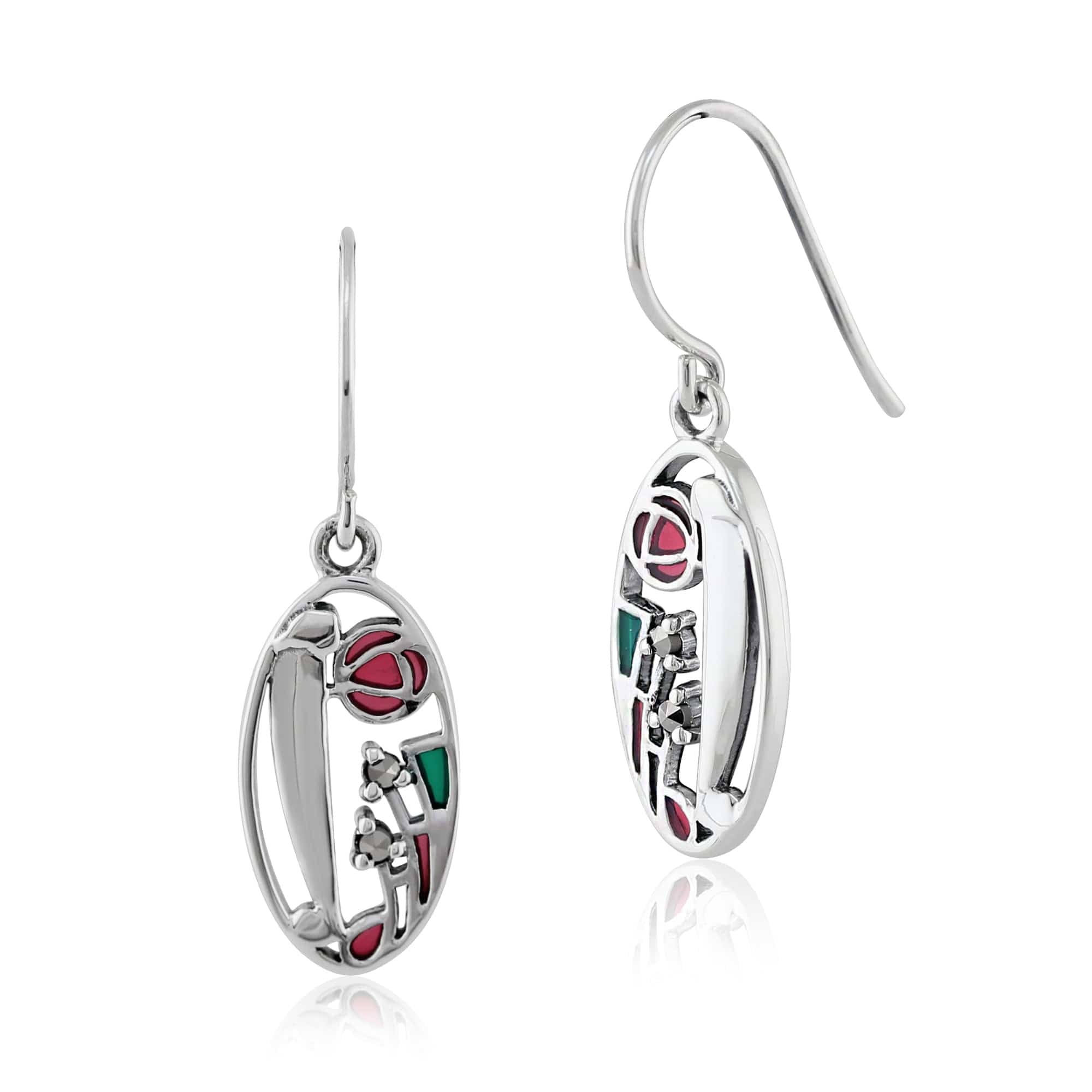 Product photograph of Rennie Mackintosh Round Marcasite Enamel Drop Earrings In 925 Sterling Silver from Gemondo Jewellery