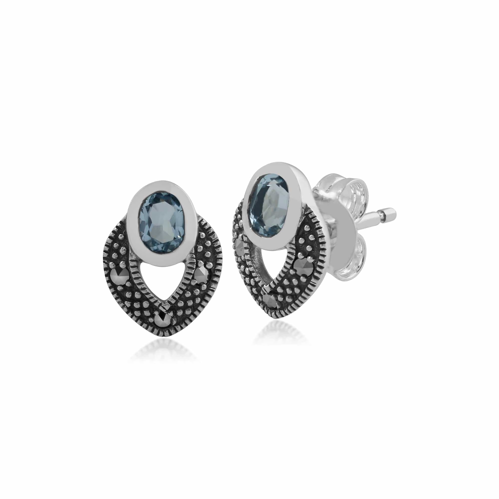 Product photograph of Art Deco Style Oval Blue Topaz Marcasite Stud Earrings In 925 Sterling Silver from Gemondo Jewellery