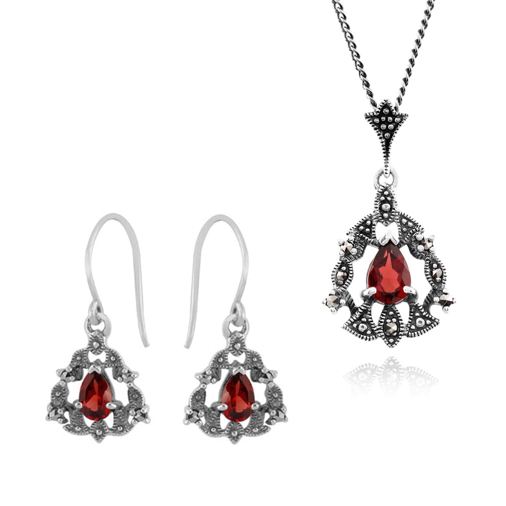 Product photograph of Art Nouveau Style Pear Garnet Marcasite Garland Halo Drop Earrings Pendant Set In Silver from Gemondo Jewellery
