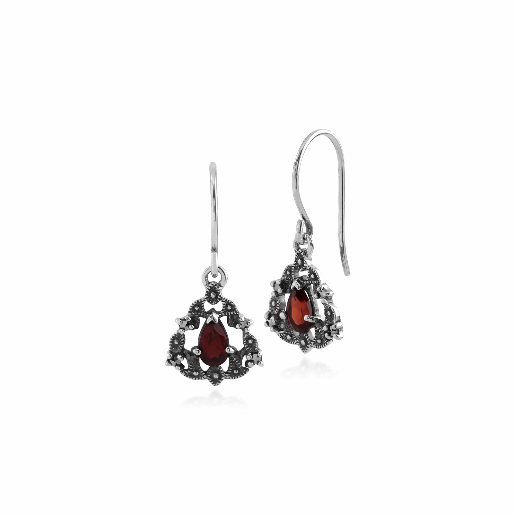 Product photograph of Art Nouveau Style Pear Garnet Marcasite Garland Drop Earrings In Silver from Gemondo Jewellery