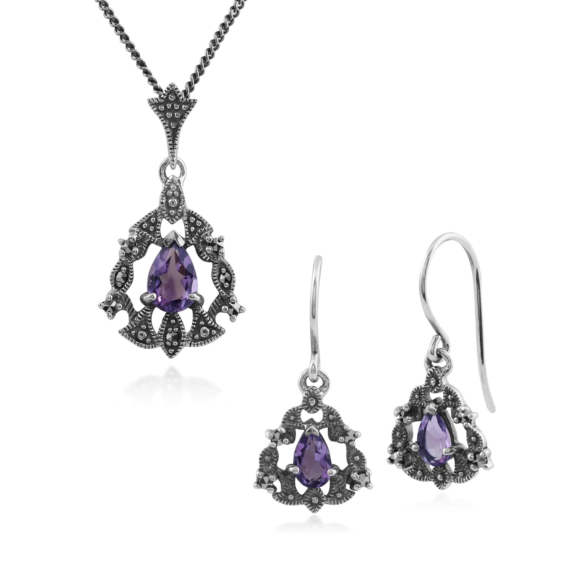 Product photograph of Art Nouveau Style Pear Amethyst Marcasite Garland Drop Earrings Pendant Set In 925 Sterling Silver from Gemondo Jewellery