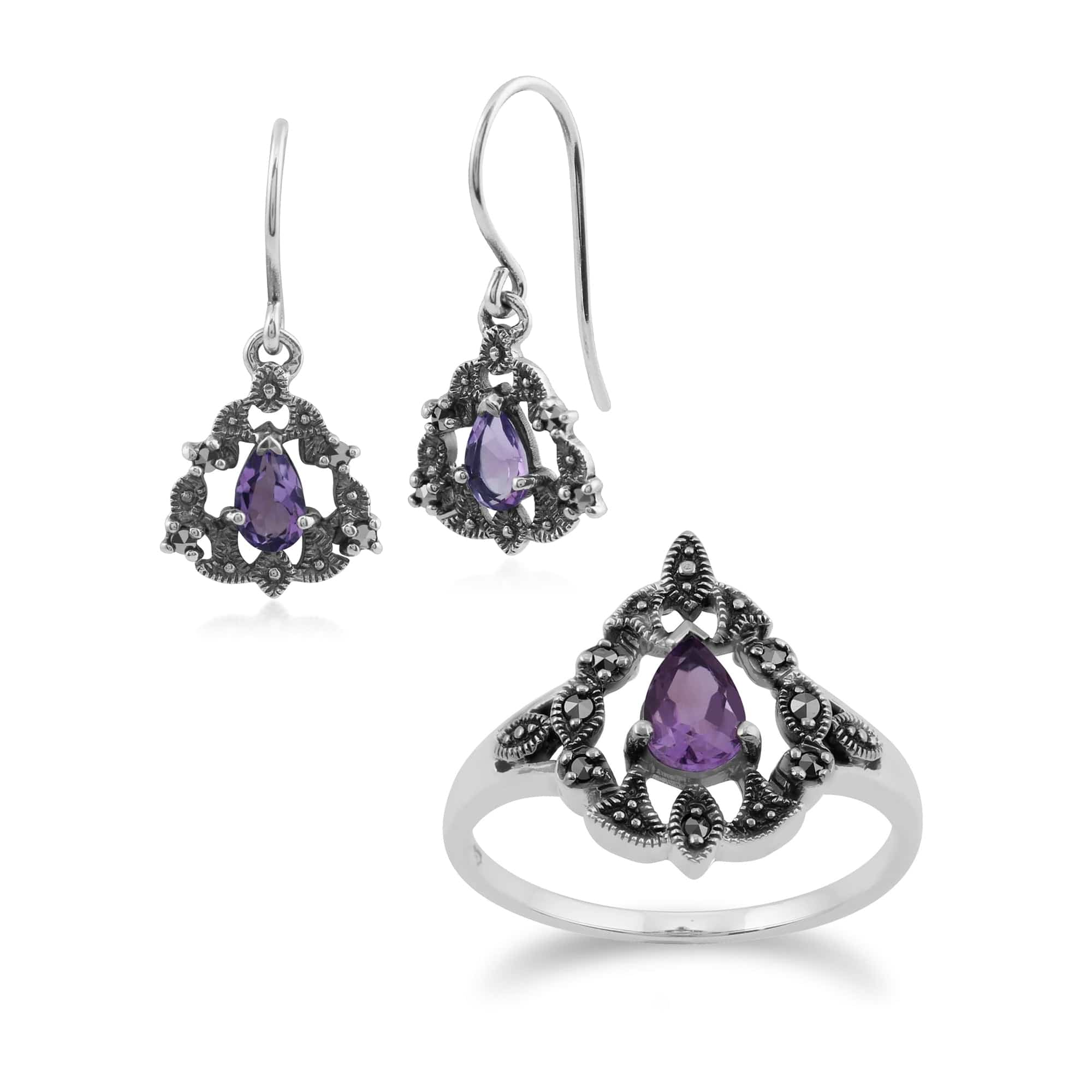 Product photograph of Art Nouveau Style Pear Amethyst Marcasite Garland Drop Earrings Ring Set In 925 Sterling Silver from Gemondo Jewellery